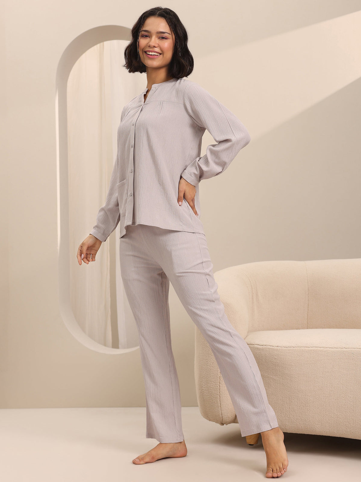Anouk Beige Solid Cotton Blend Night Suits