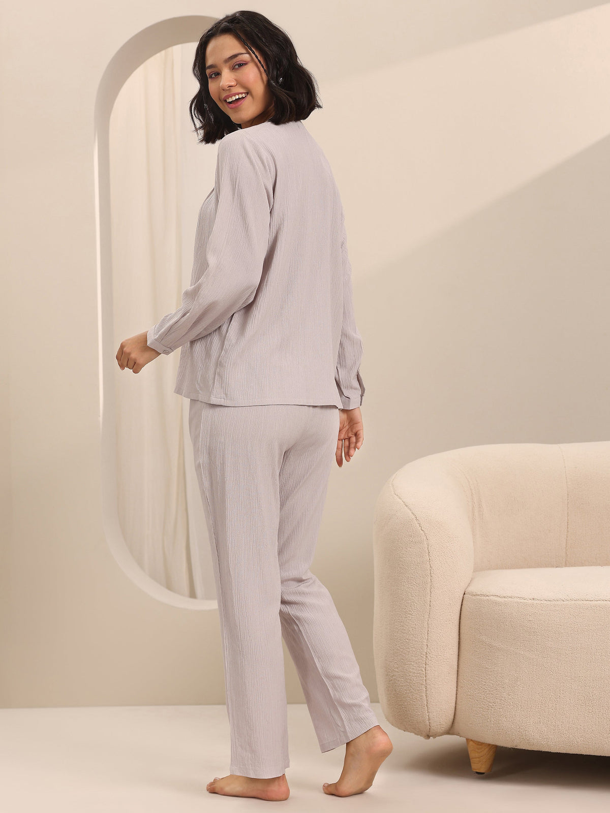 Anouk Beige Solid Cotton Blend Night Suits