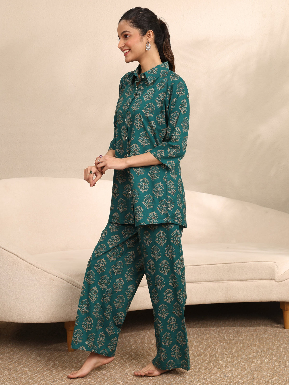 Anouk Green Printed Cotton Night Suit