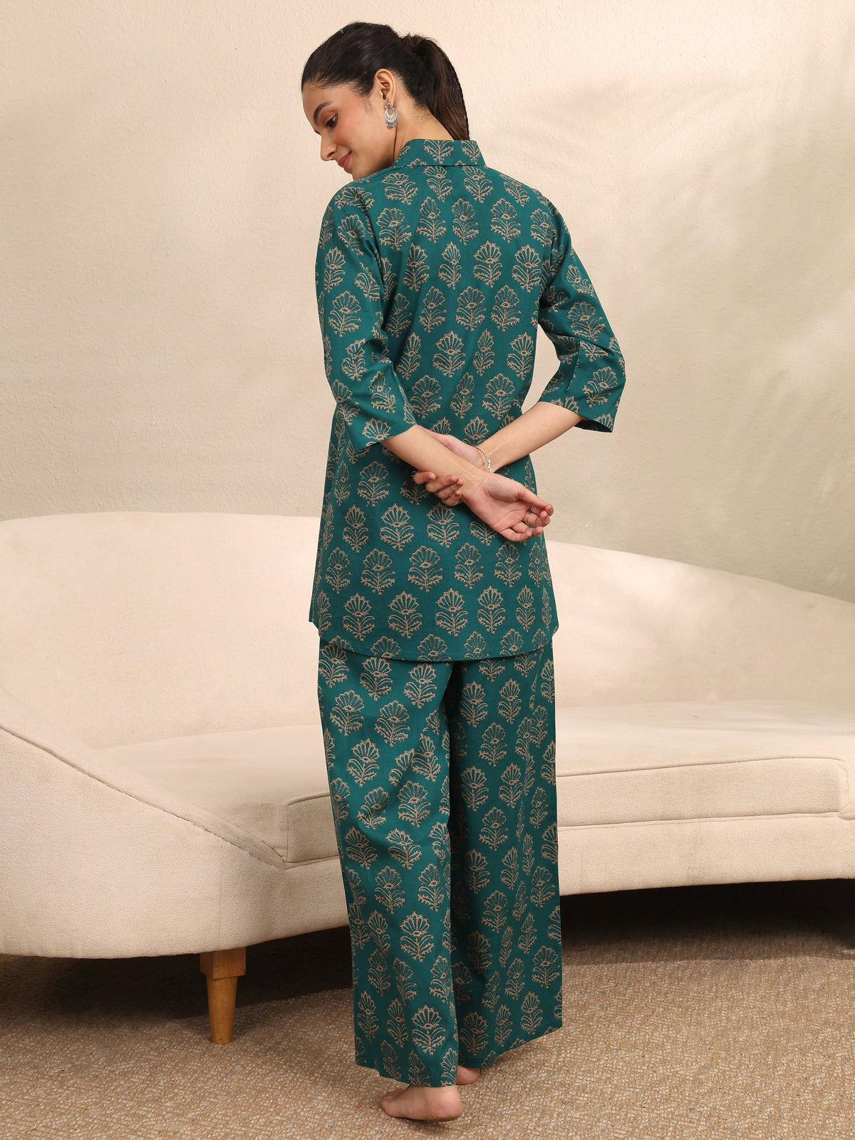 Anouk Green Printed Cotton Night Suit