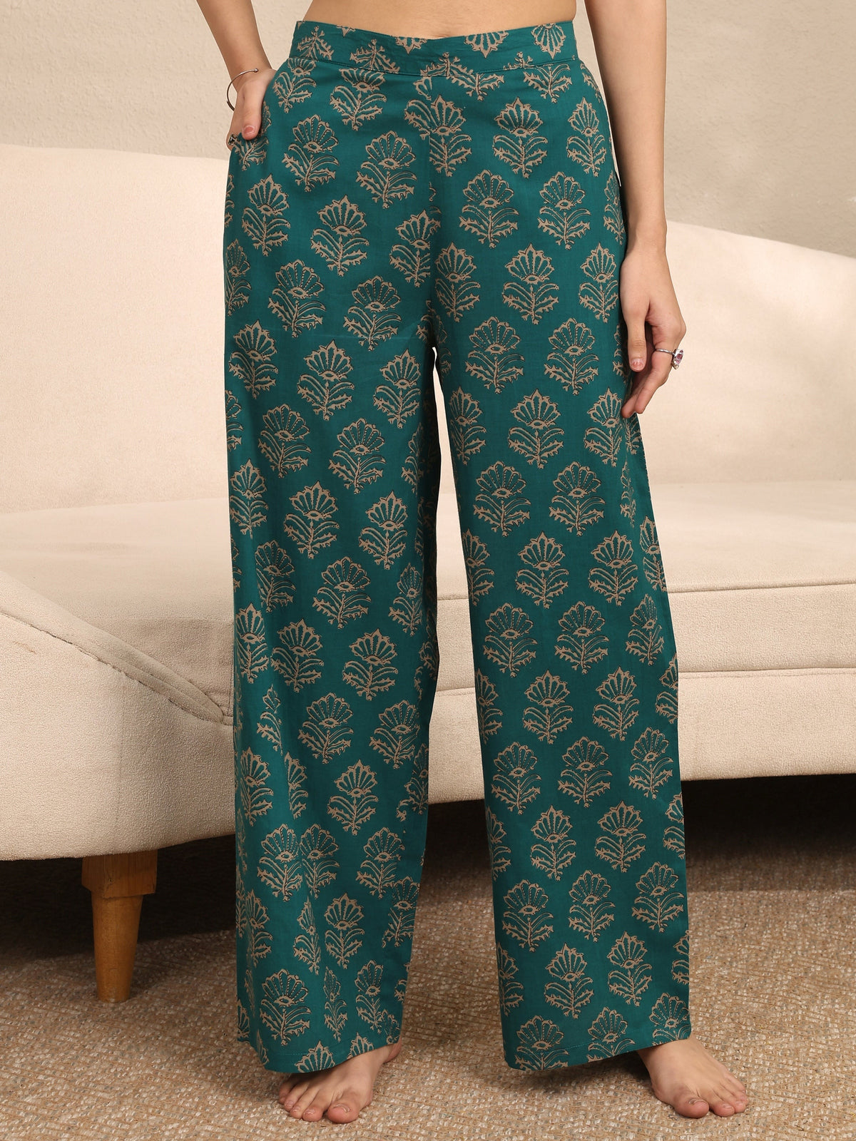 Anouk Green Printed Cotton Night Suit