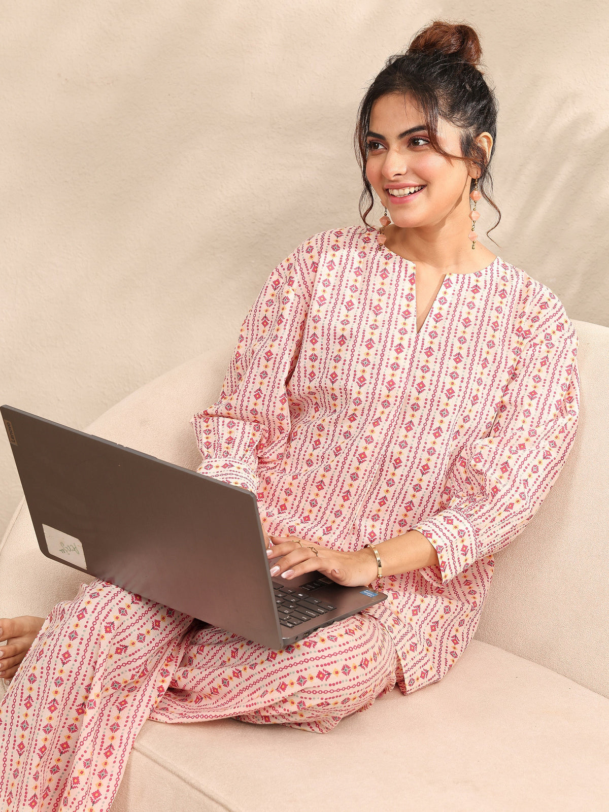Anouk Peach Printed Cotton Night Suit