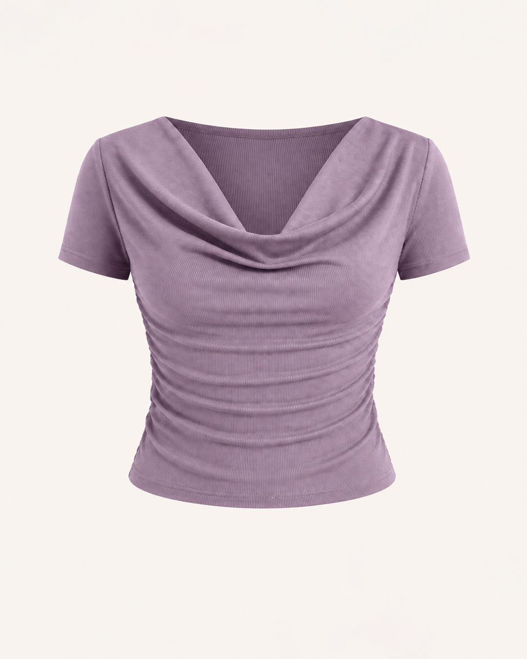 Ruched Short-Sleeve Cowl Neck Top In Lilac