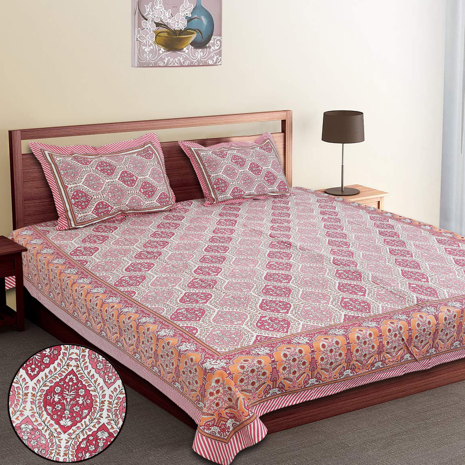 King-Size Bed Sheet Set with 2 Pillow Covers (Cotton Autoloom Fabric)