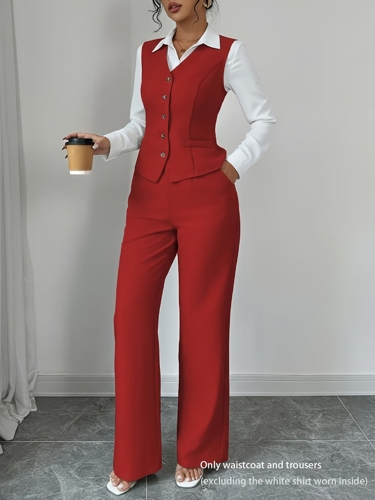 Women's Sleeveless Waist-Cinched Vest & Wide-Leg Pants Two-Piece Set