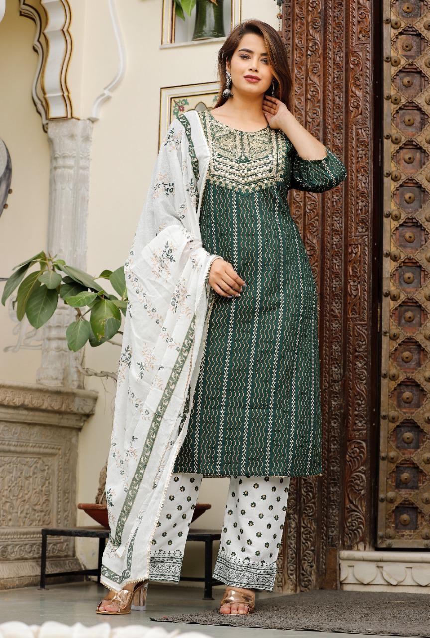 Bottle Green Foil Mirror Work Rayon Kurti Set with Printed Palazzo and Malmal Dupatta
