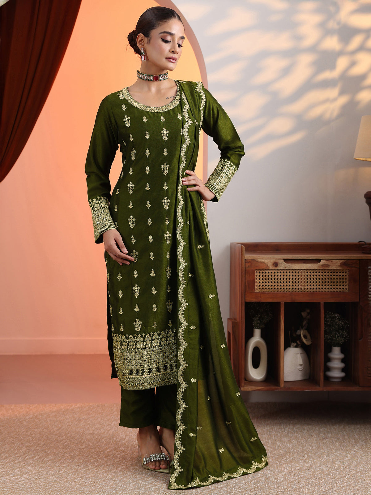 Anouk Olive Embroidered Chinon Straight Suit Set With Dupatta