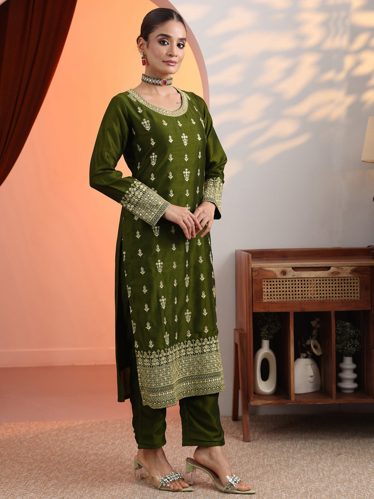Anouk Olive Embroidered Chinon Straight Suit Set With Dupatta
