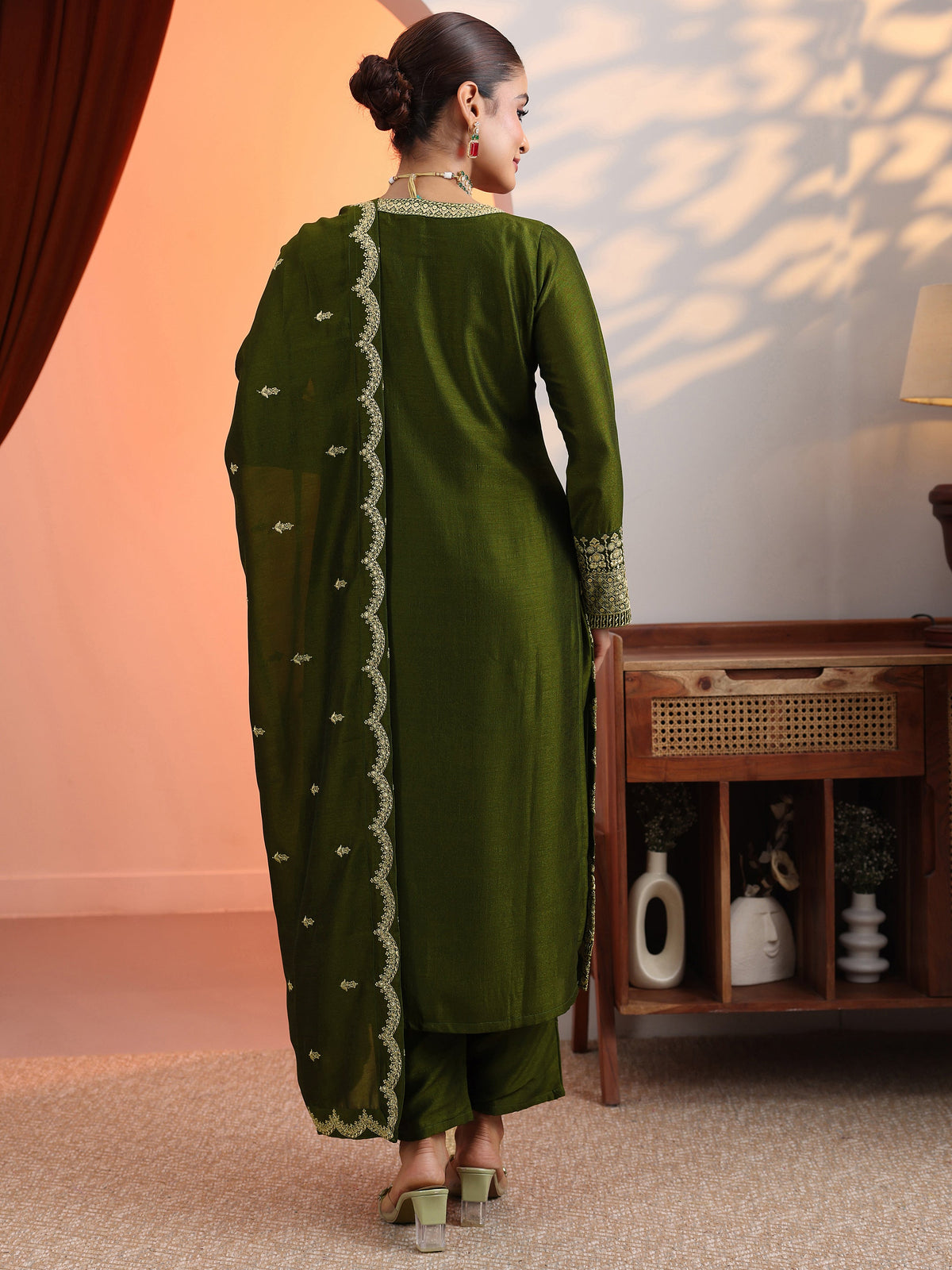 Anouk Olive Embroidered Chinon Straight Suit Set With Dupatta