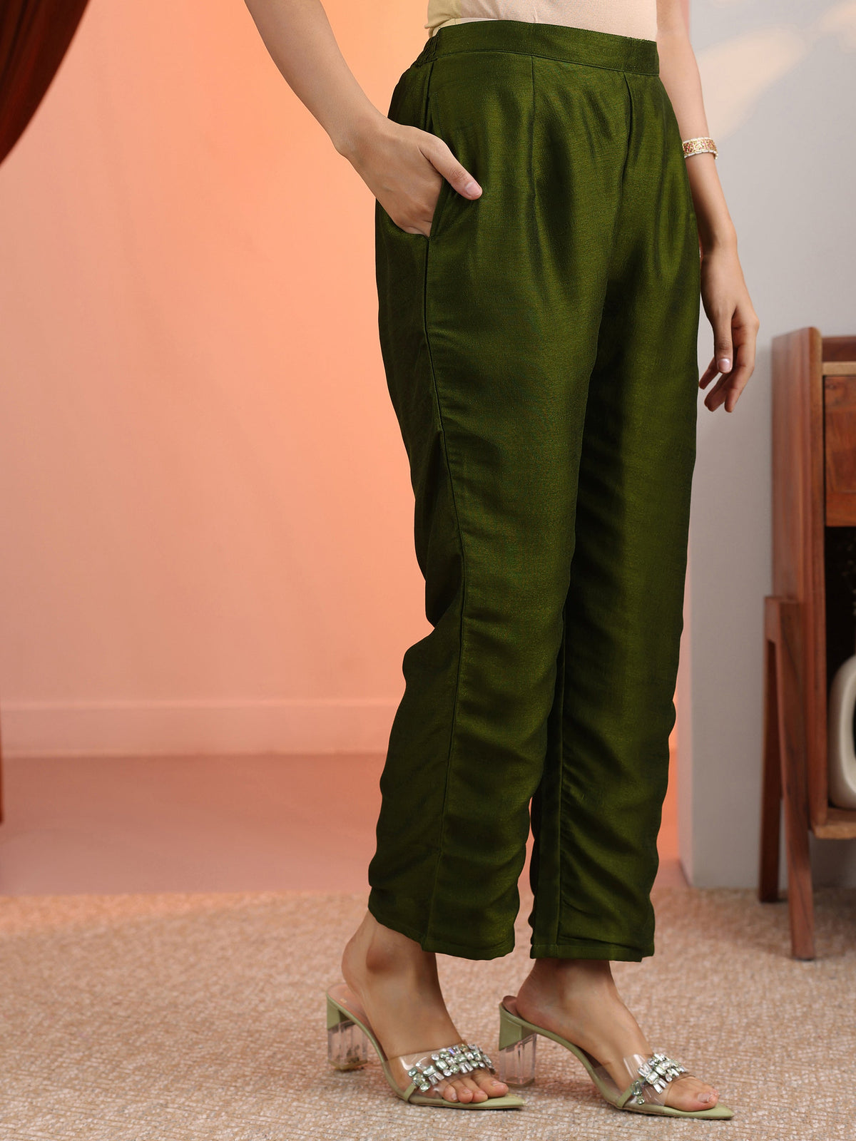 Anouk Olive Embroidered Chinon Straight Suit Set With Dupatta