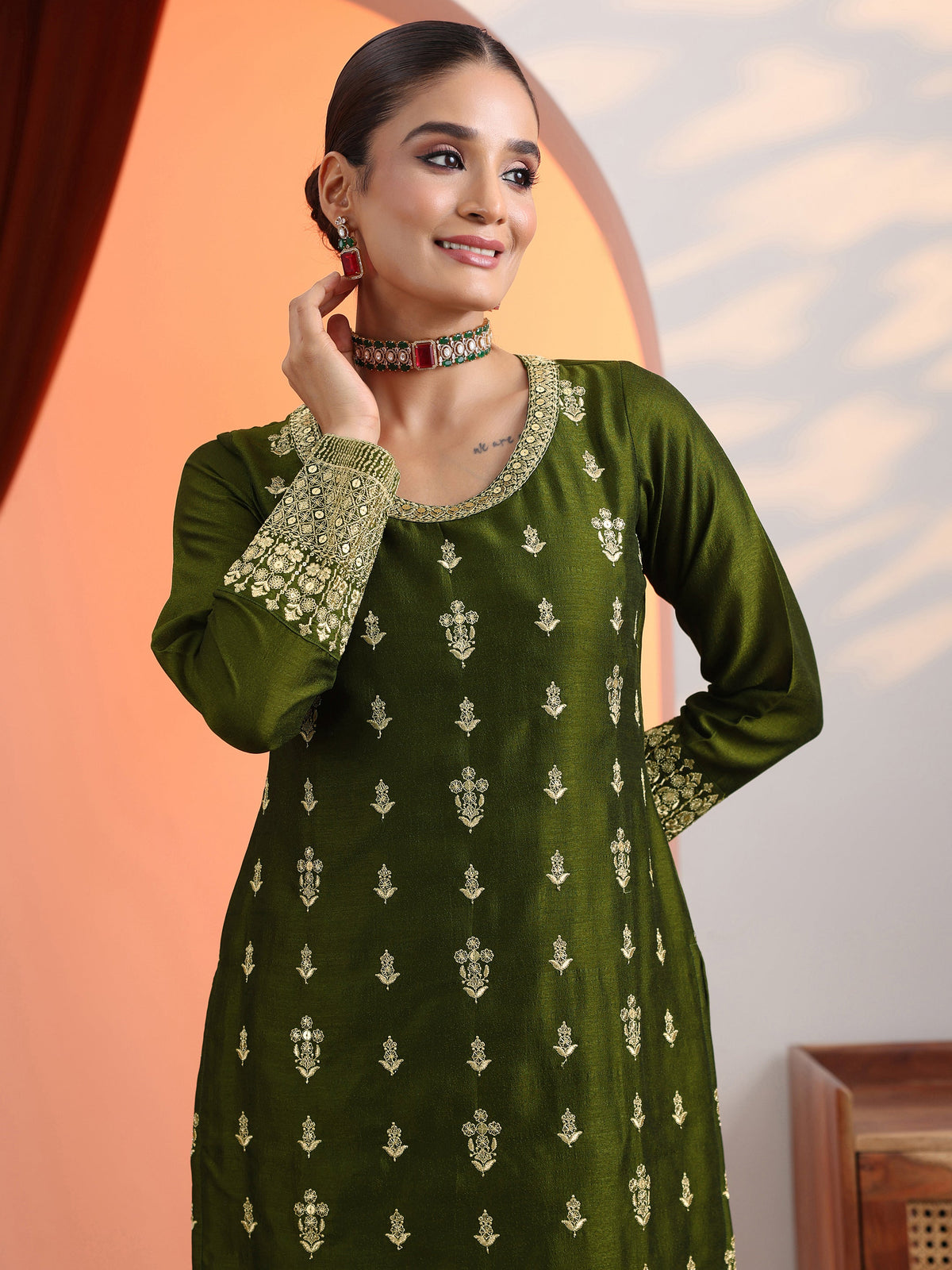 Anouk Olive Embroidered Chinon Straight Suit Set With Dupatta
