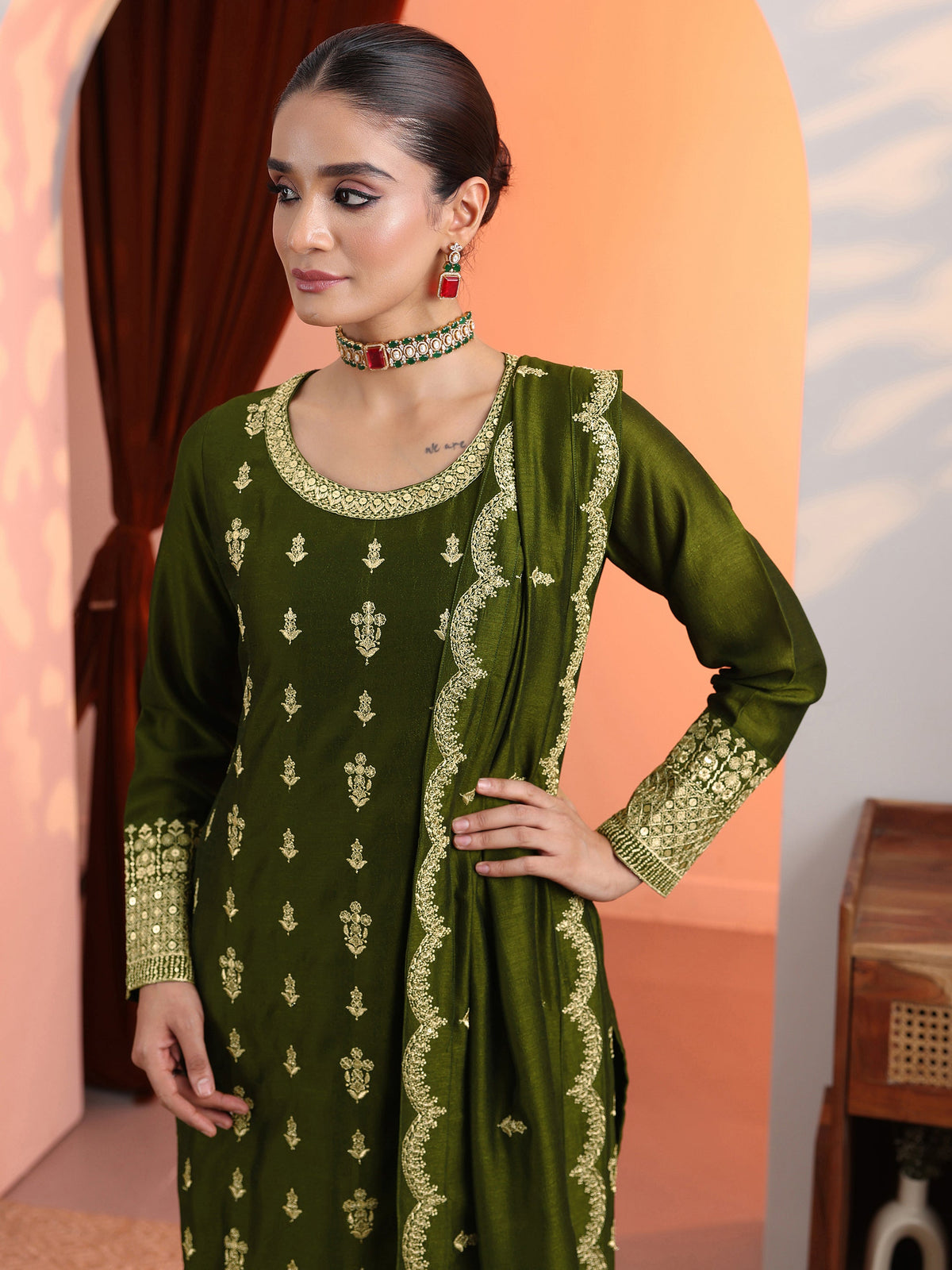 Anouk Olive Embroidered Chinon Straight Suit Set With Dupatta