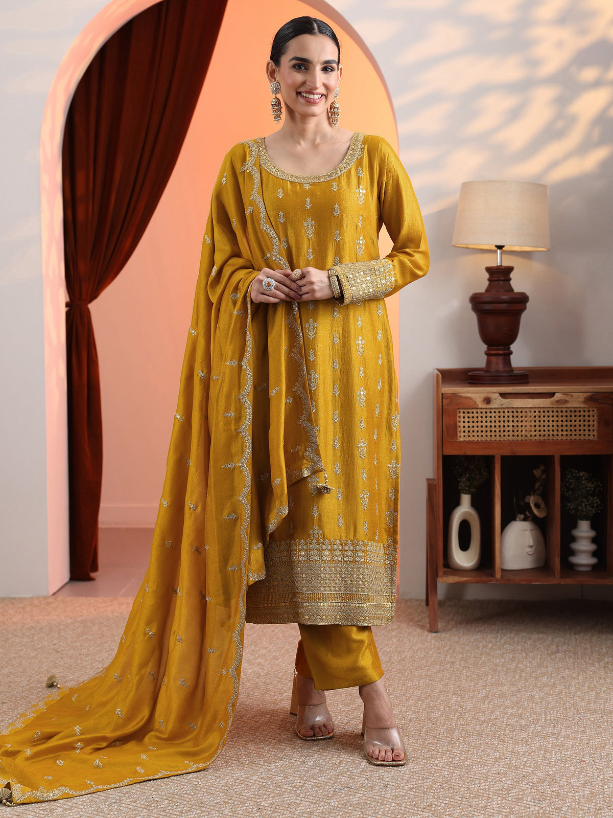 Anouk Mustard Embroidered Chinon Straight Suit Set With Dupatta
