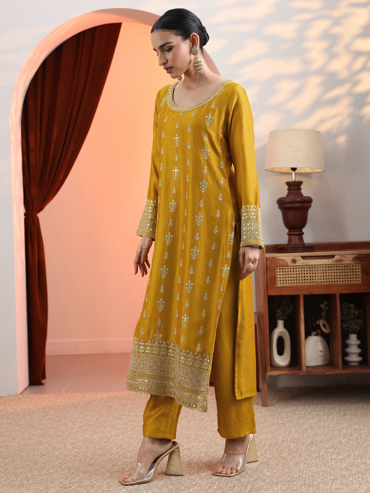 Anouk Mustard Embroidered Chinon Straight Suit Set With Dupatta