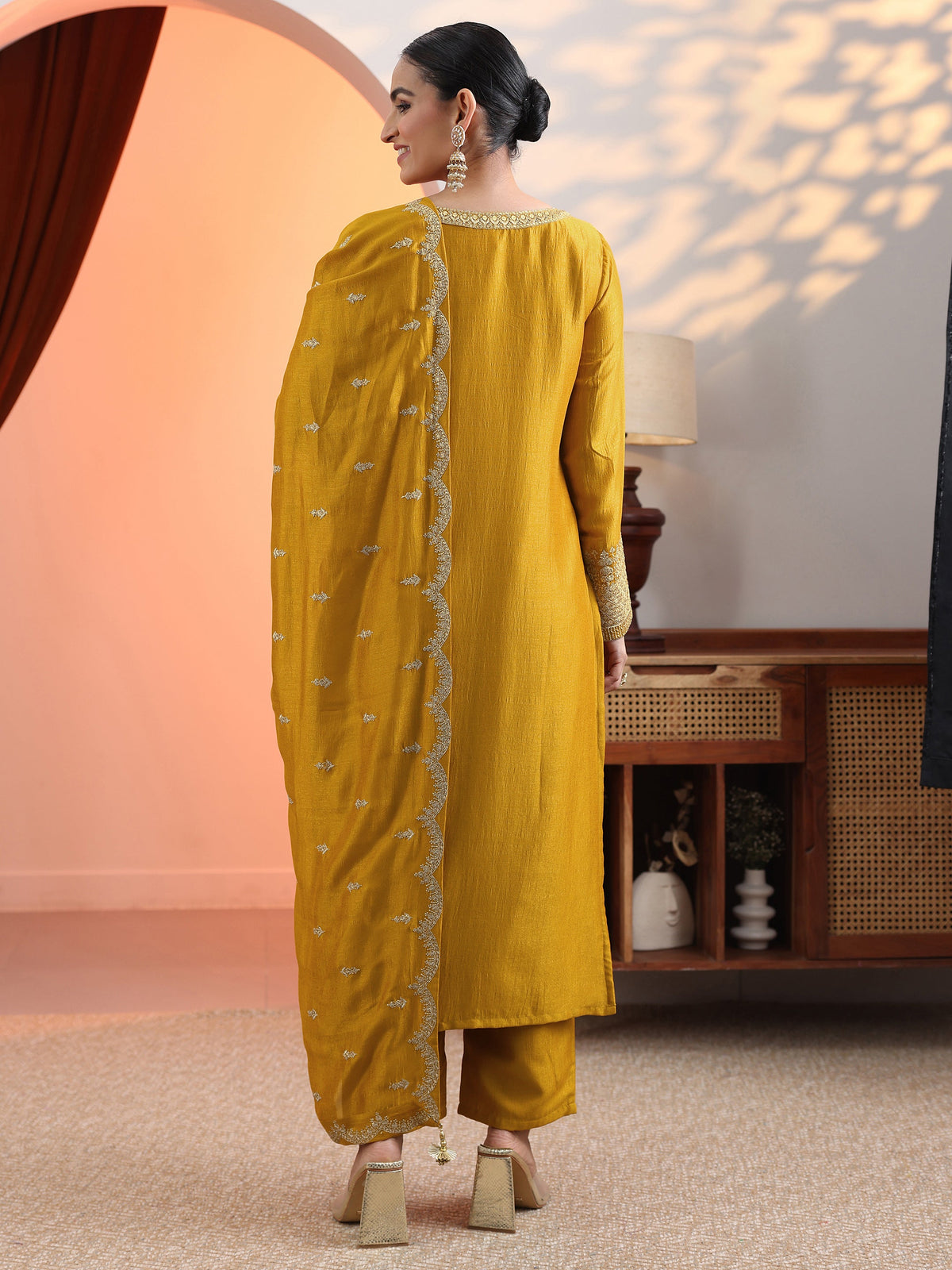 Anouk Mustard Embroidered Chinon Straight Suit Set With Dupatta