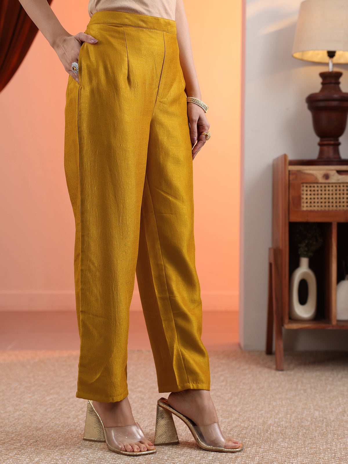 Anouk Mustard Embroidered Chinon Straight Suit Set With Dupatta