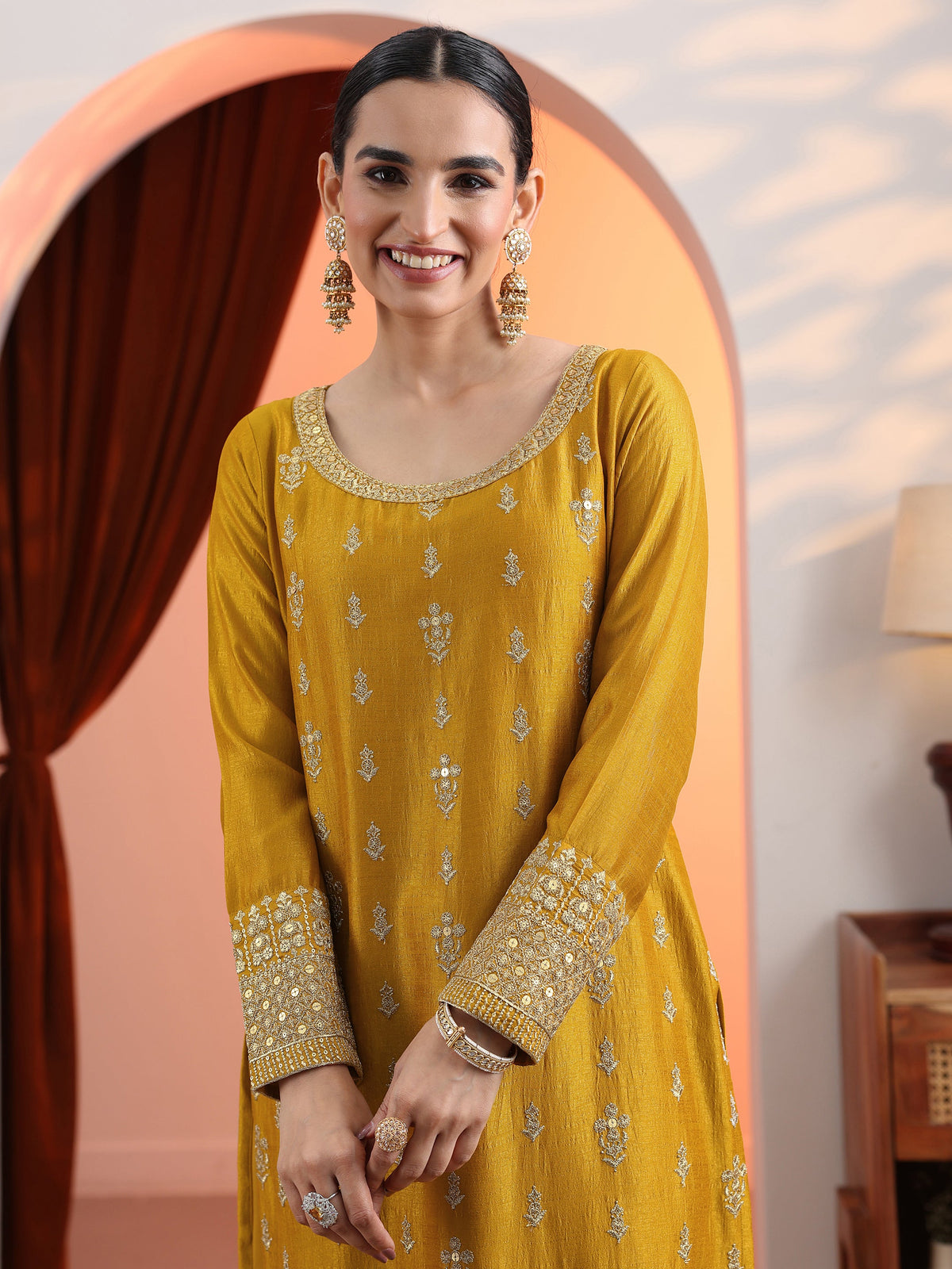 Anouk Mustard Embroidered Chinon Straight Suit Set With Dupatta