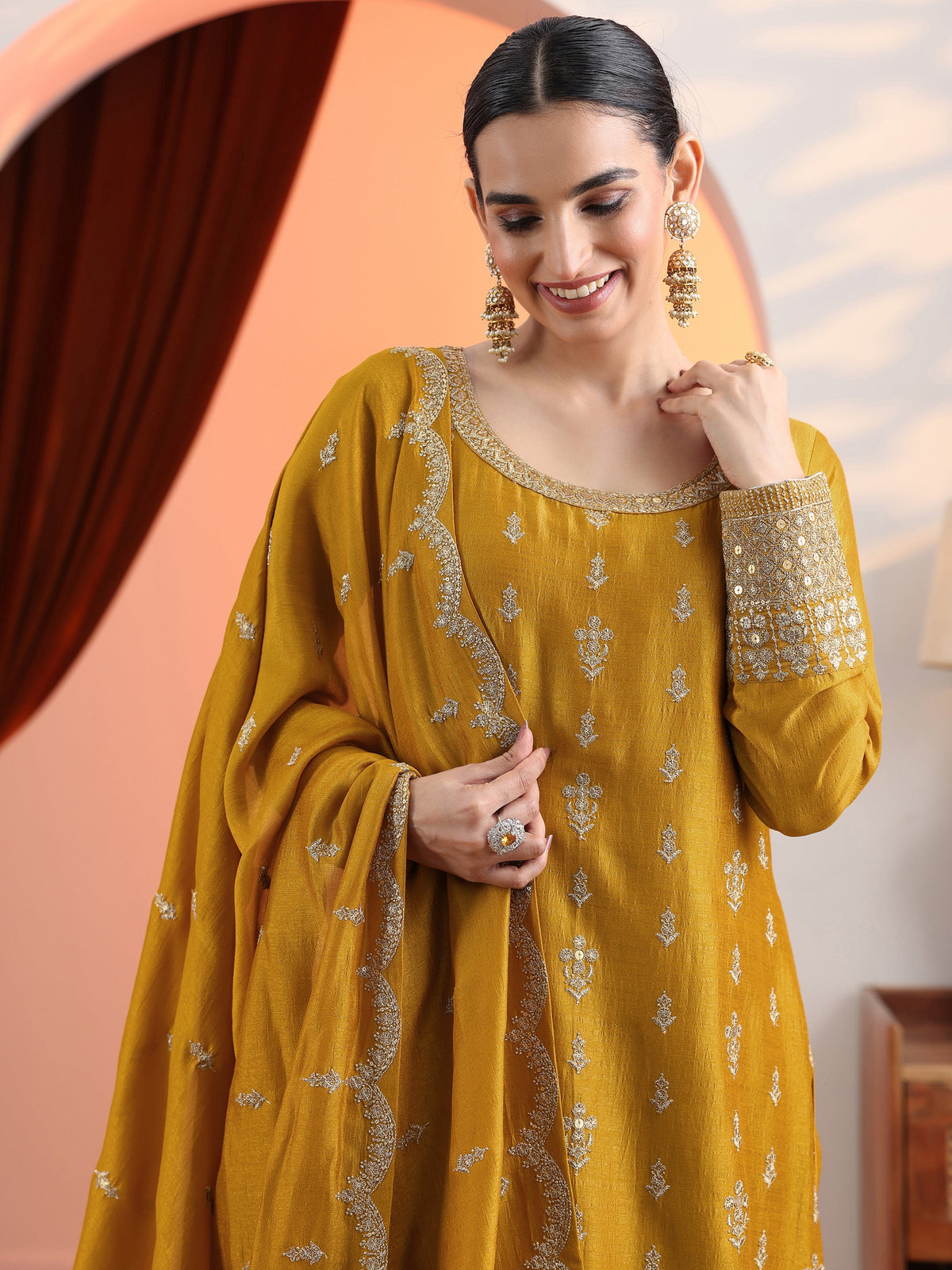 Anouk Mustard Embroidered Chinon Straight Suit Set With Dupatta