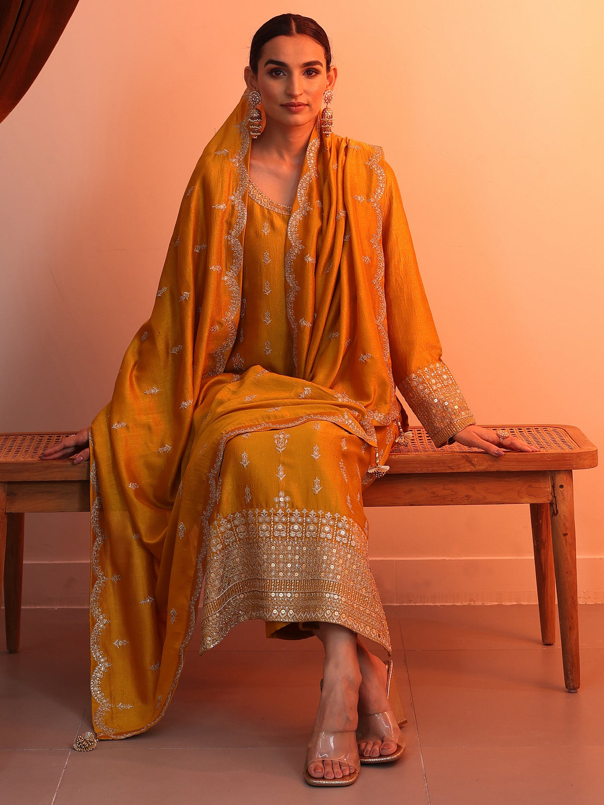 Anouk Mustard Embroidered Chinon Straight Suit Set With Dupatta