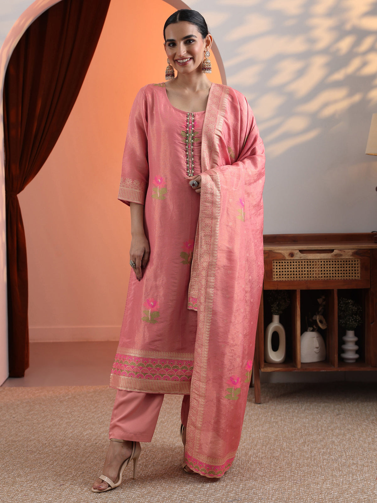 Anouk Peach Woven Design Silk Blend Straight Suit Set With Dupatta