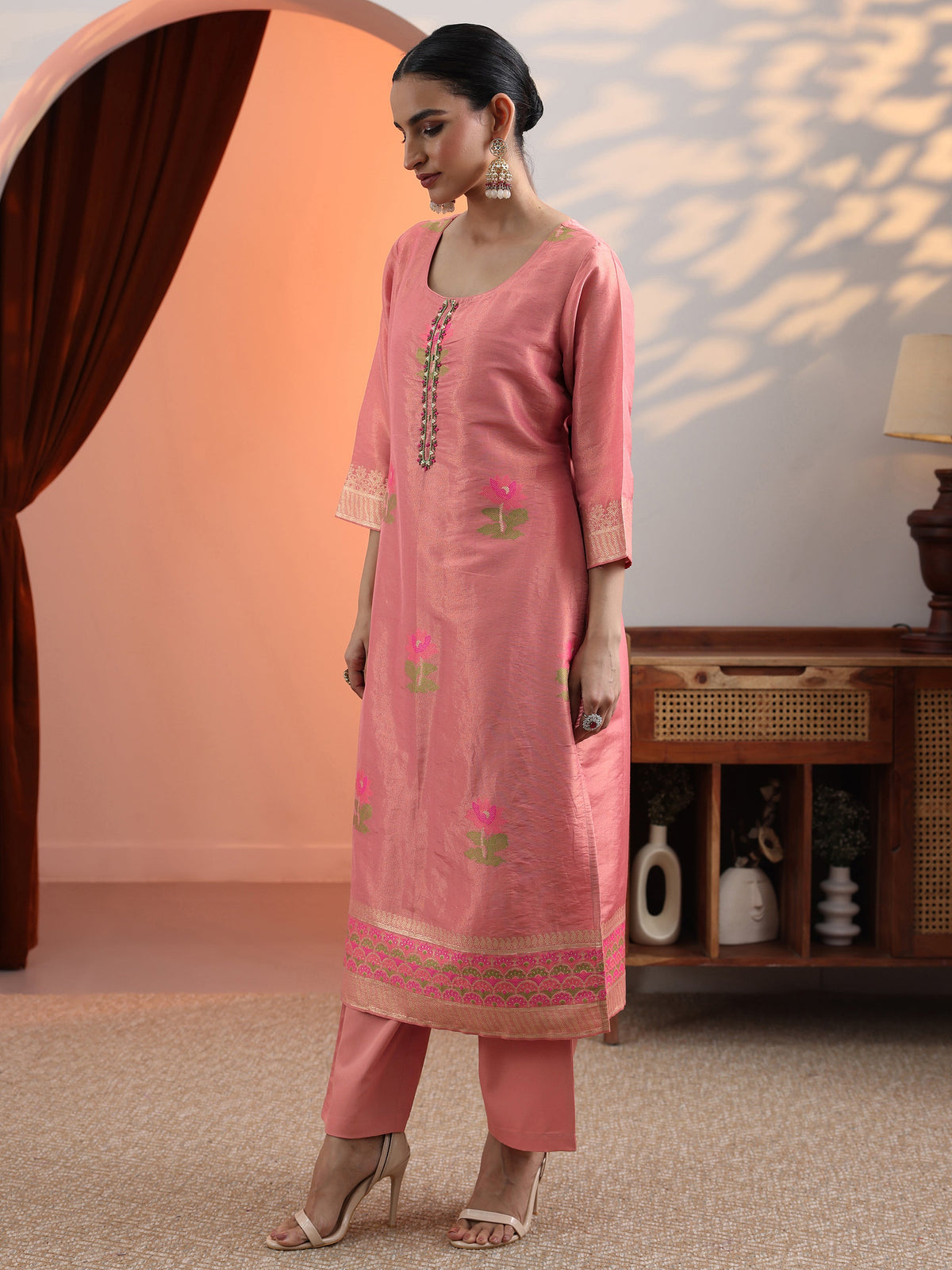 Anouk Peach Woven Design Silk Blend Straight Suit Set With Dupatta