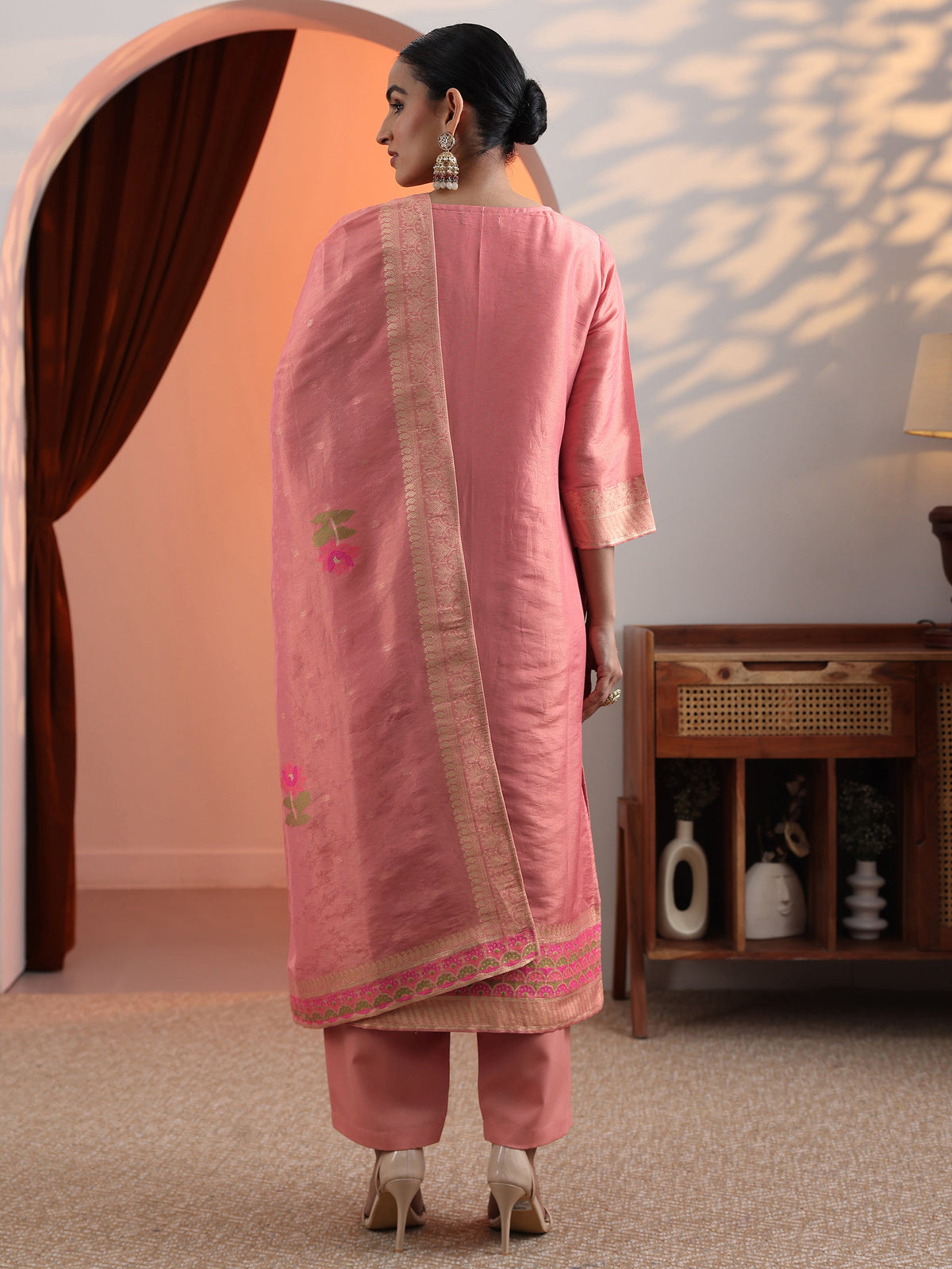 Anouk Peach Woven Design Silk Blend Straight Suit Set With Dupatta
