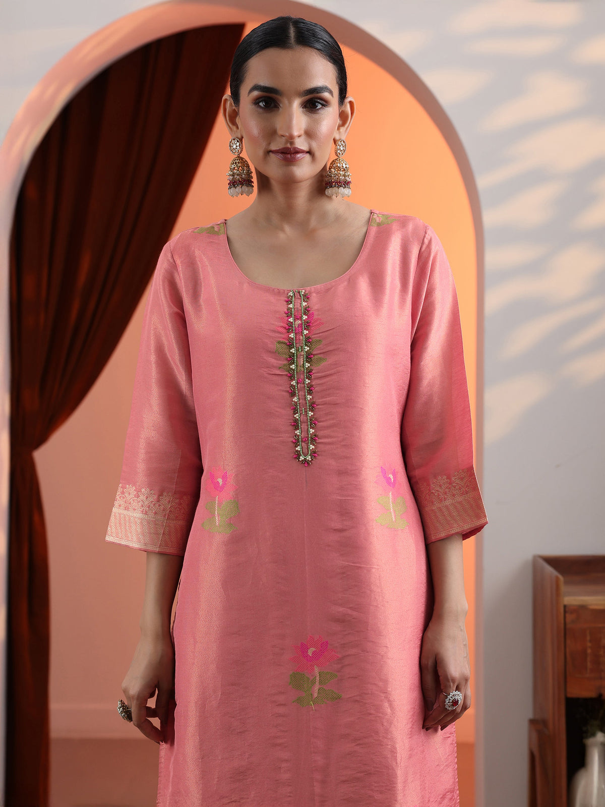 Anouk Peach Woven Design Silk Blend Straight Suit Set With Dupatta