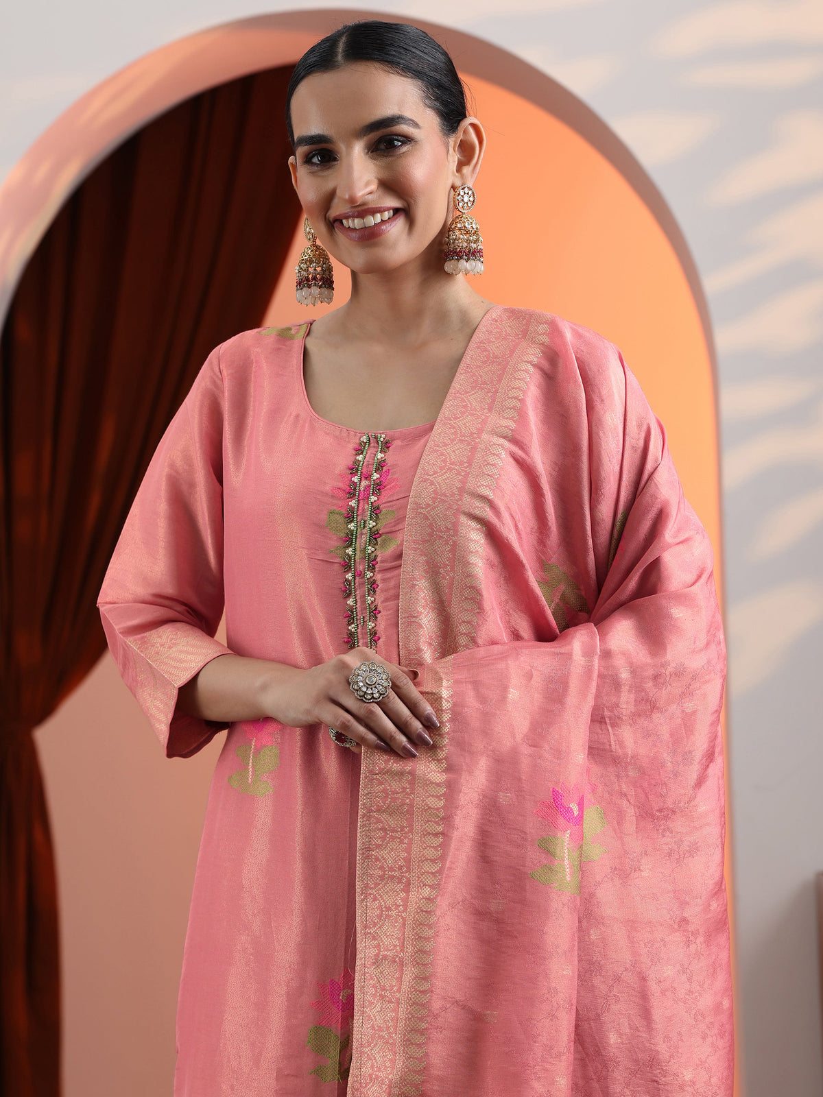Anouk Peach Woven Design Silk Blend Straight Suit Set With Dupatta