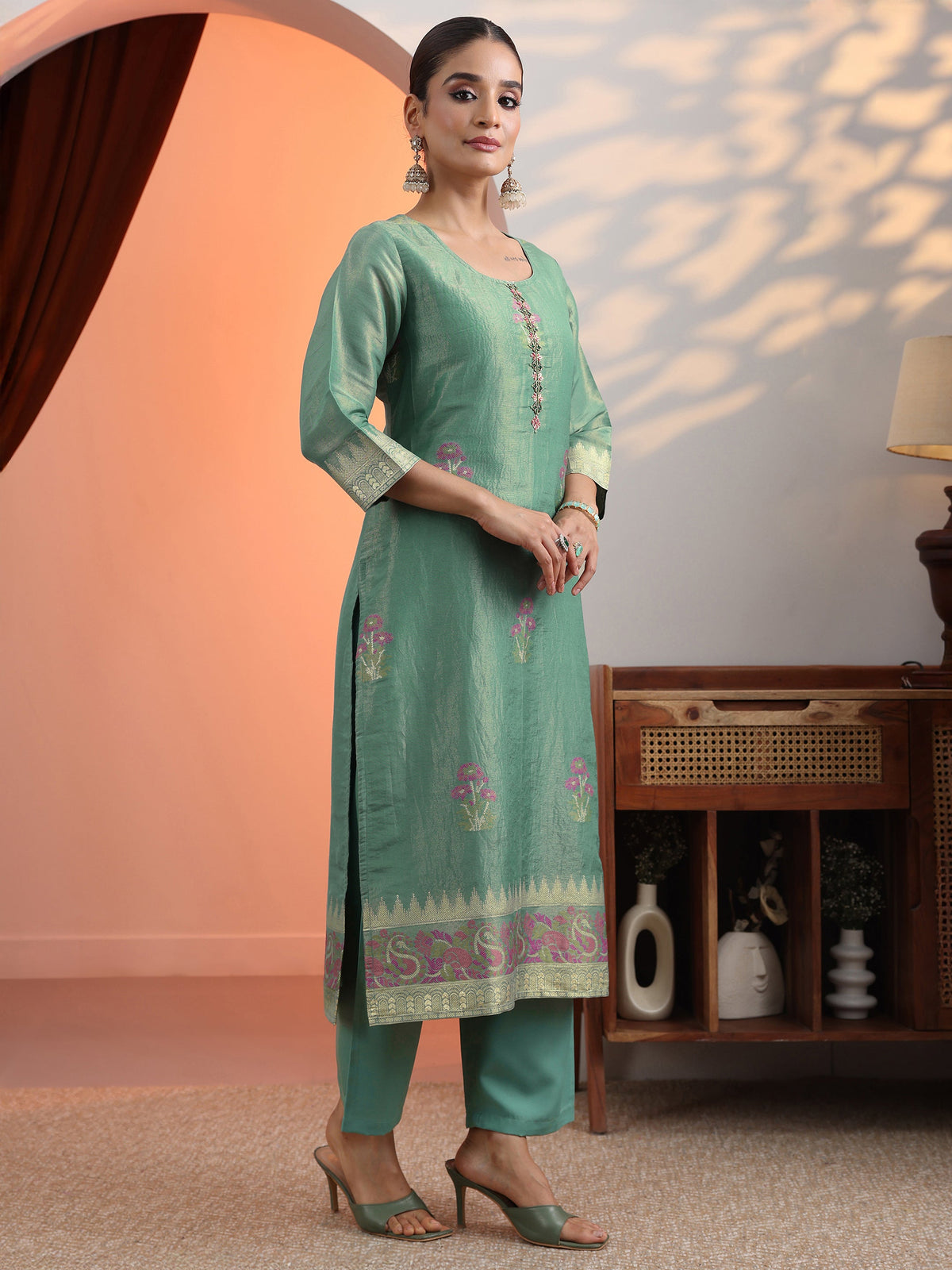 Anouk Green Woven Design Silk Blend Straight Suit Set With Dupatta