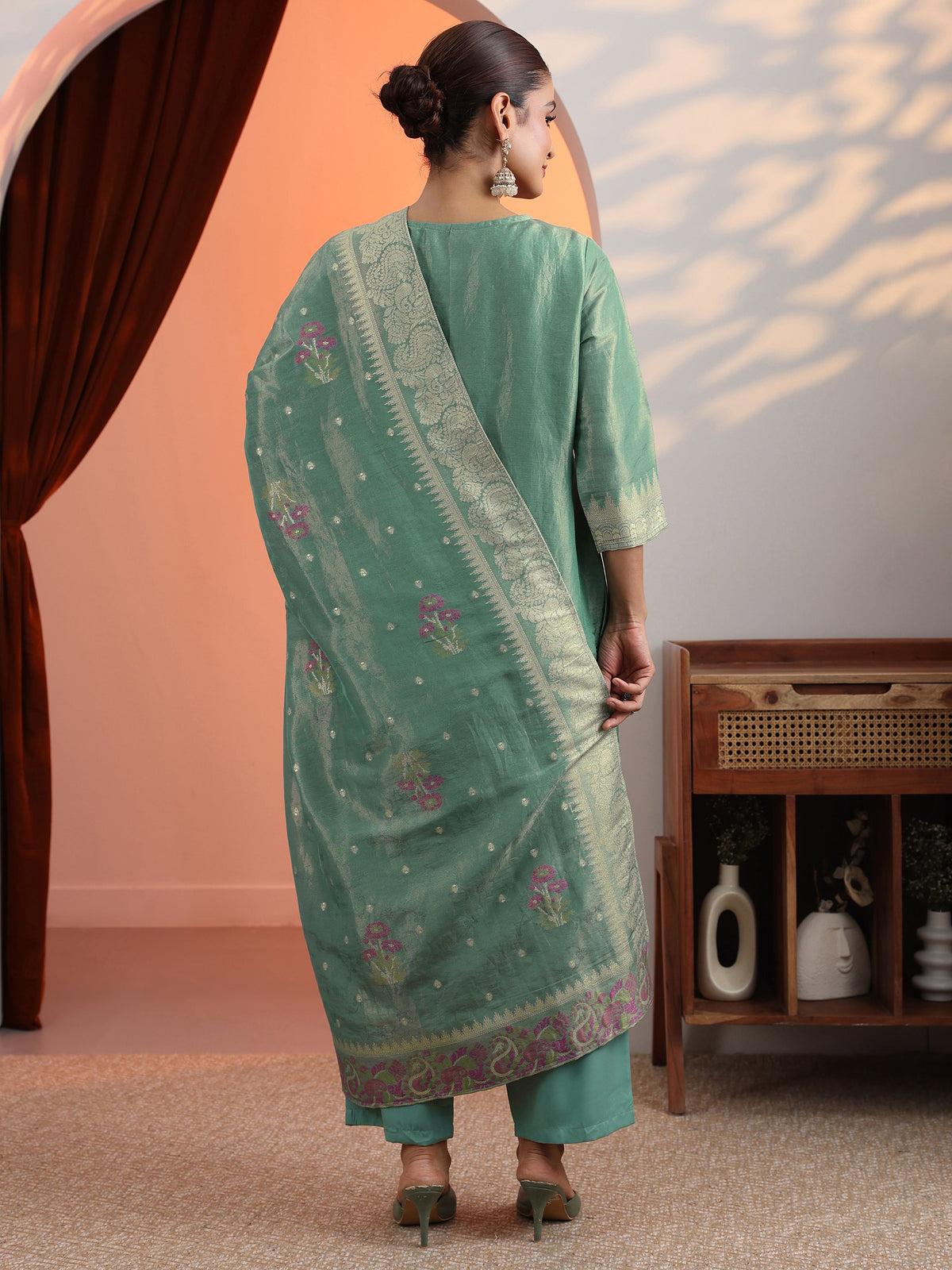 Anouk Green Woven Design Silk Blend Straight Suit Set With Dupatta