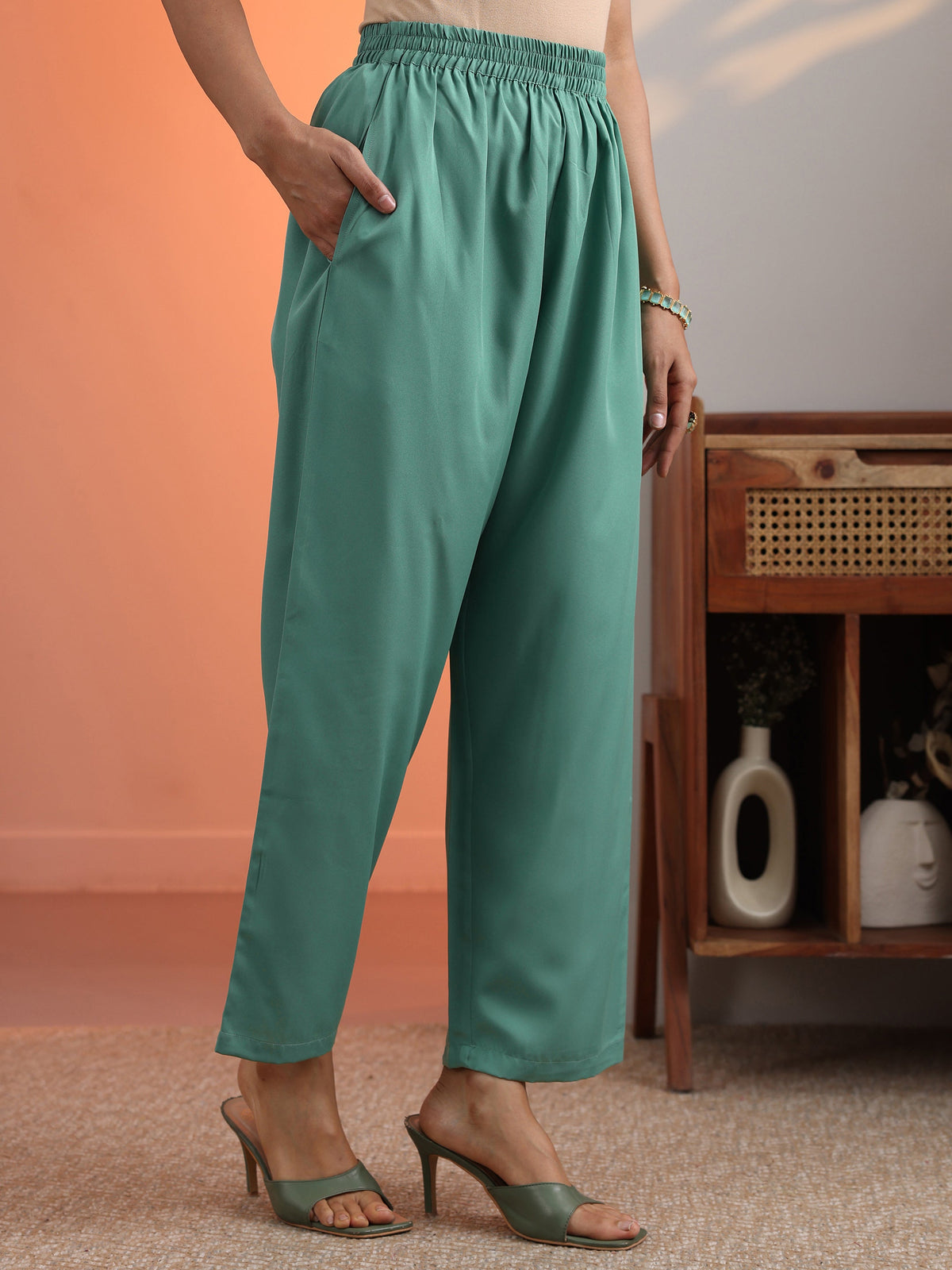 Anouk Green Woven Design Silk Blend Straight Suit Set With Dupatta