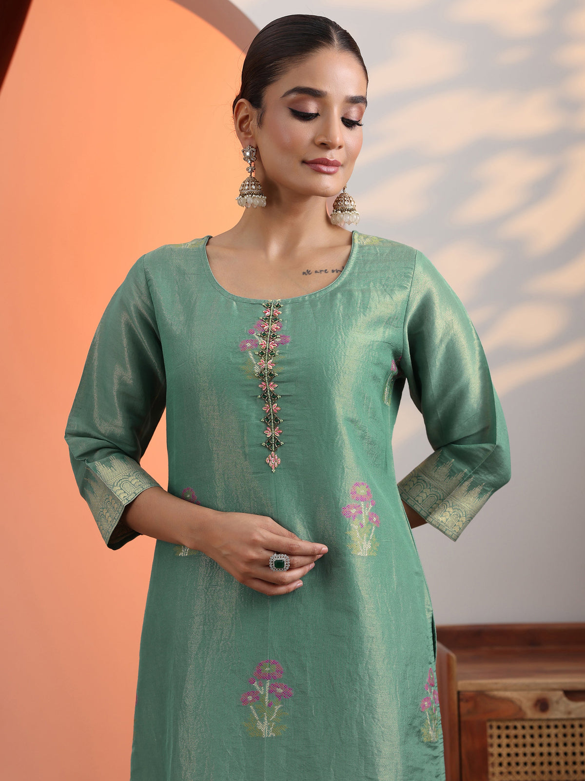 Anouk Green Woven Design Silk Blend Straight Suit Set With Dupatta
