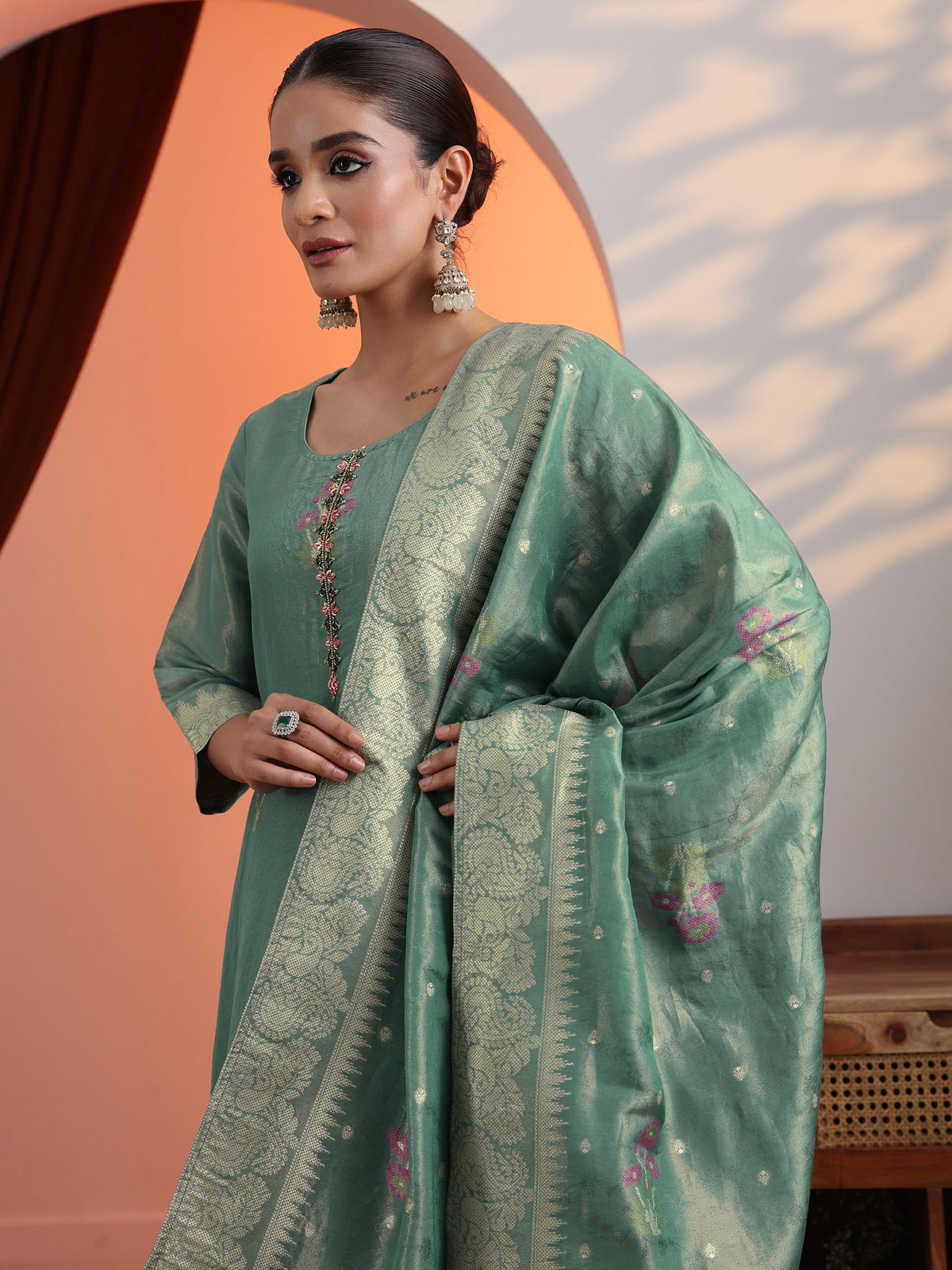 Anouk Green Woven Design Silk Blend Straight Suit Set With Dupatta