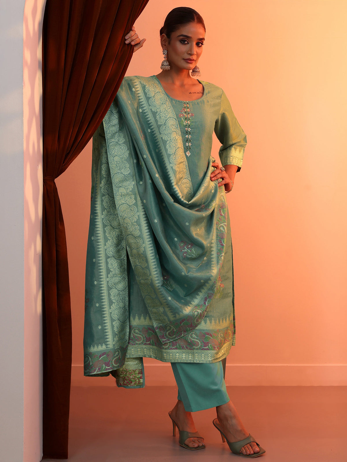 Anouk Green Woven Design Silk Blend Straight Suit Set With Dupatta