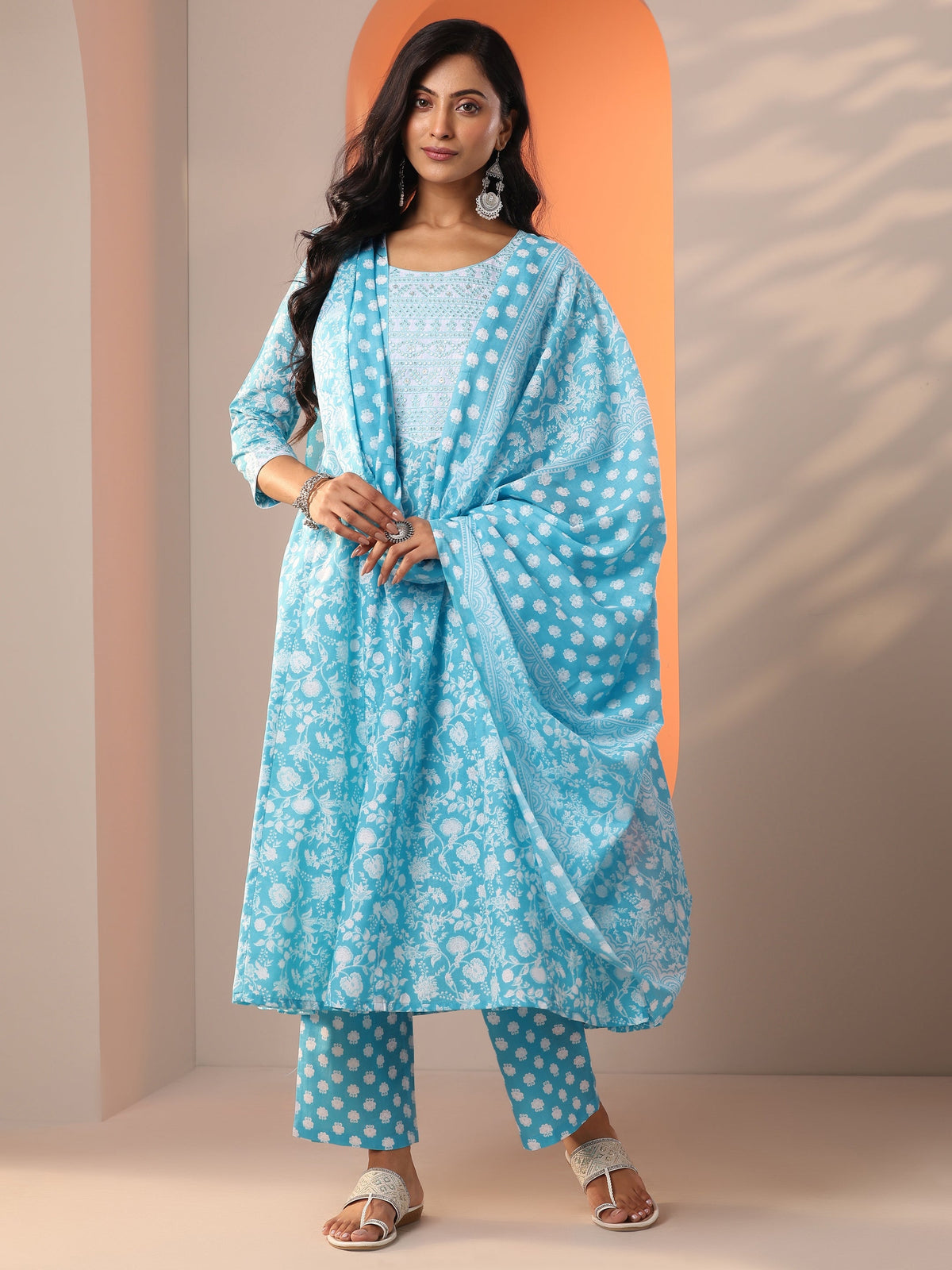 Anouk Blue Printed Cotton Straight Suit Set With Dupatta