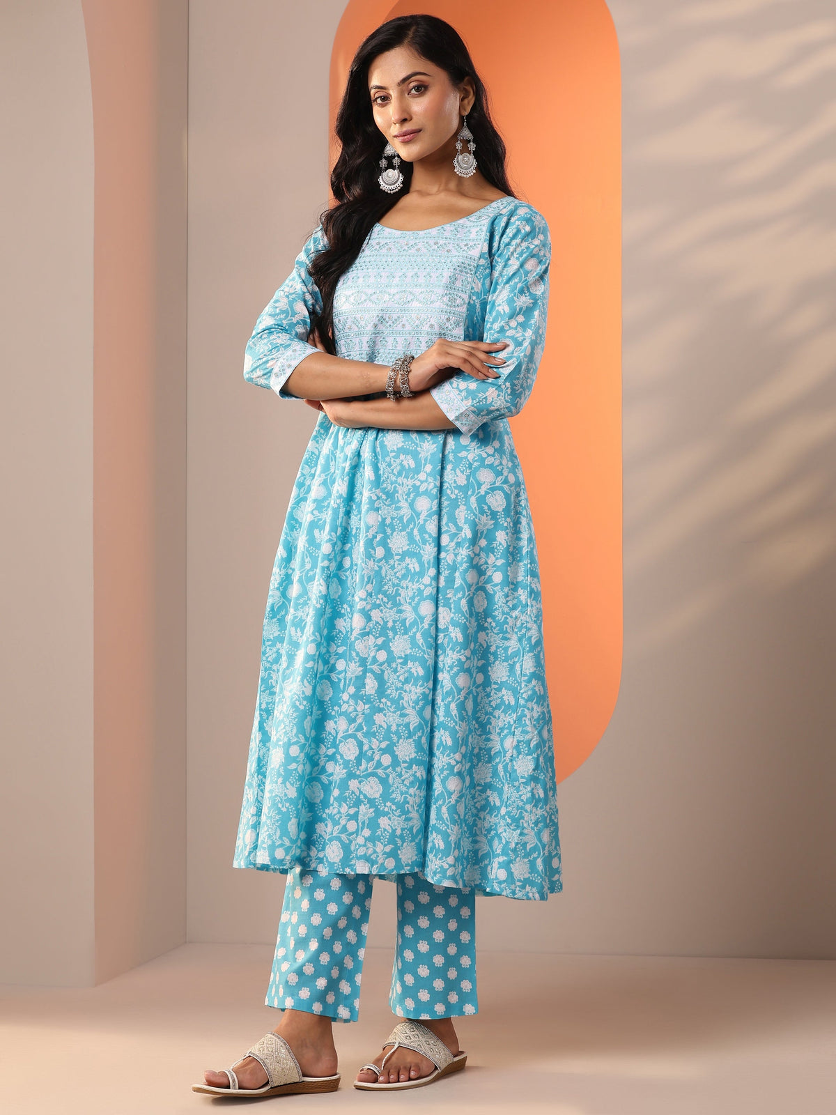 Anouk Blue Printed Cotton Straight Suit Set With Dupatta