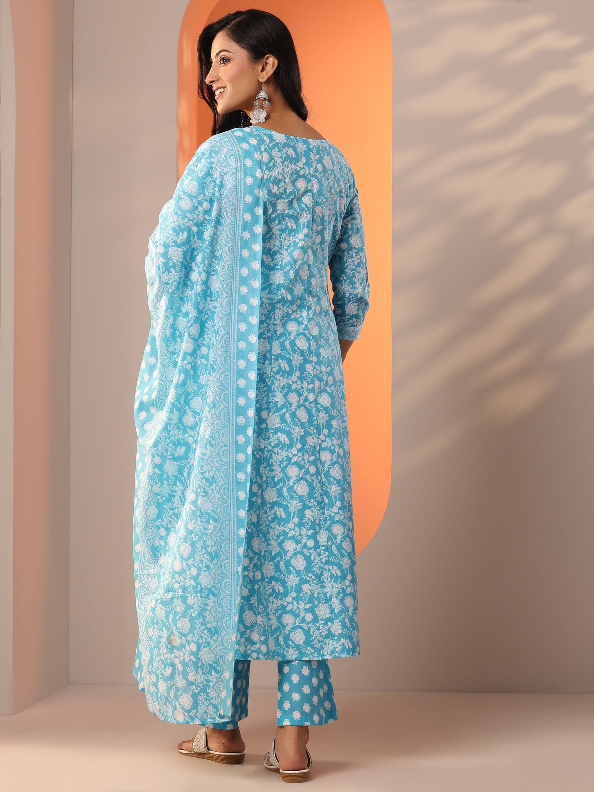 Anouk Blue Printed Cotton Straight Suit Set With Dupatta