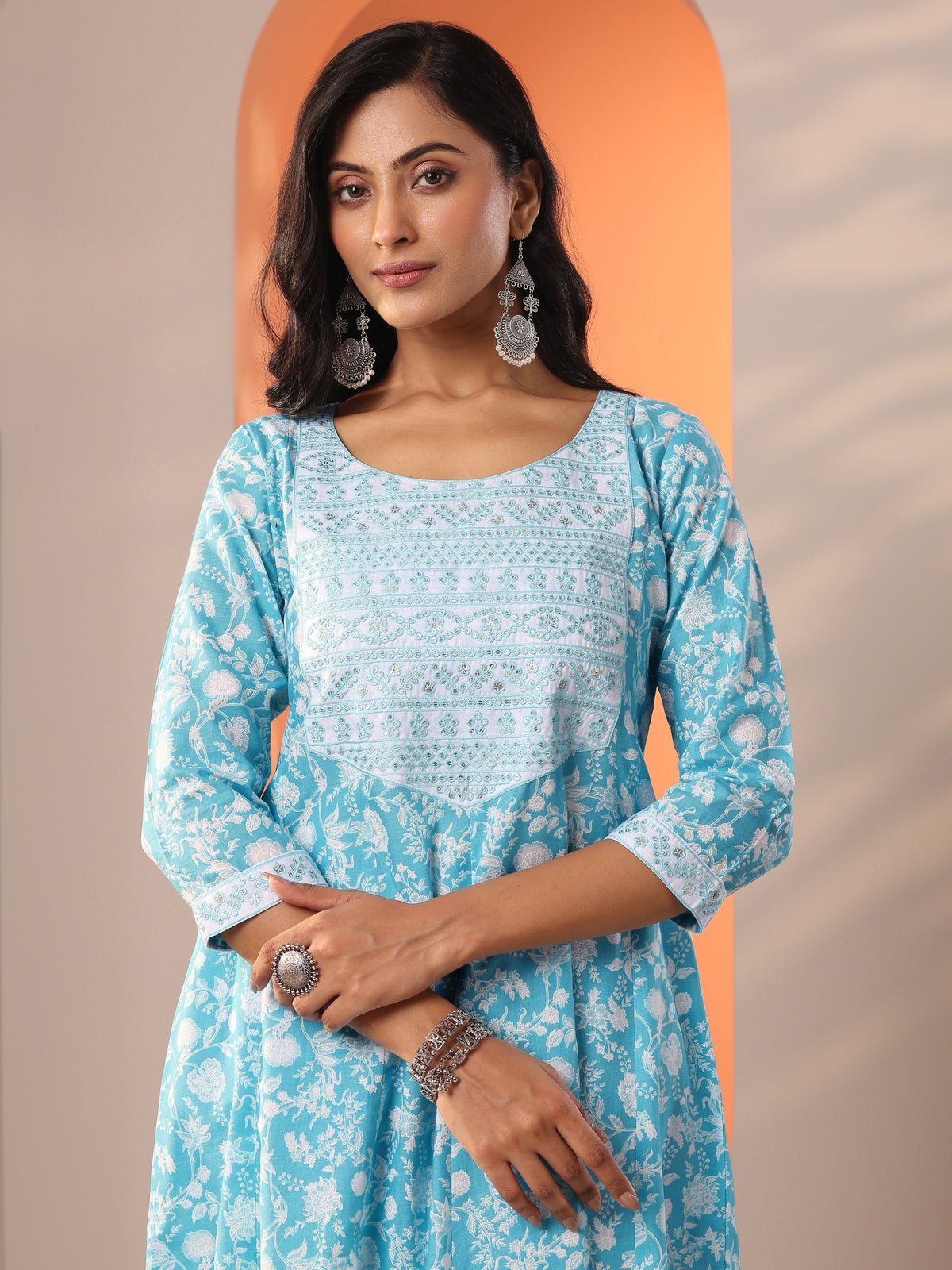 Anouk Blue Printed Cotton Straight Suit Set With Dupatta