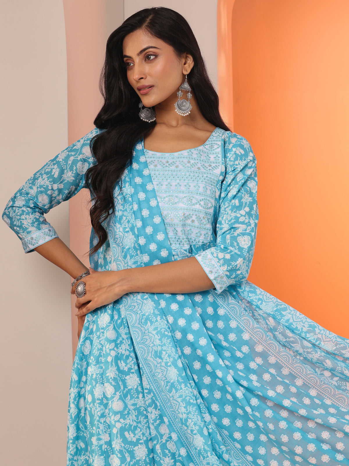 Anouk Blue Printed Cotton Straight Suit Set With Dupatta