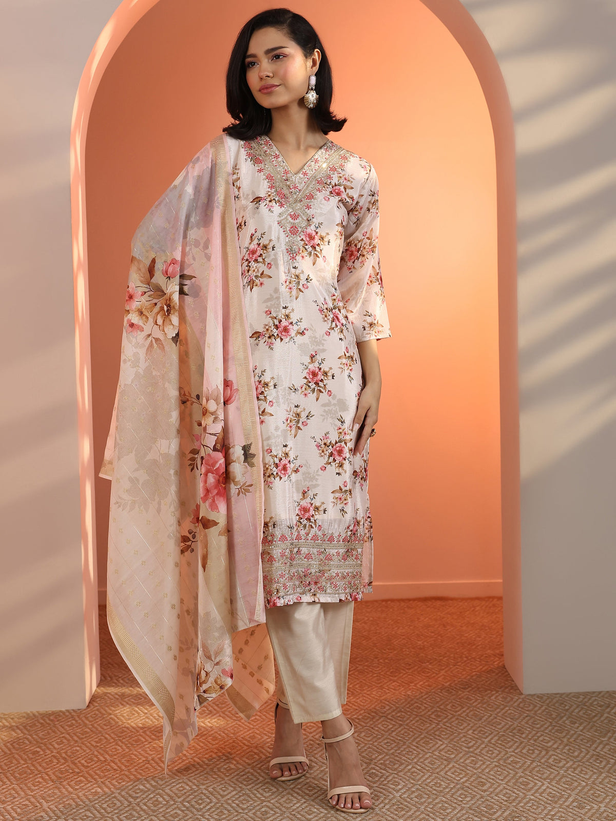 Anouk Off White Embroidered Chinon Straight Suit Set With Dupatta