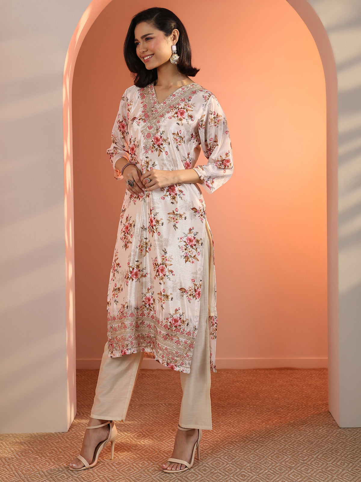Anouk Off White Embroidered Chinon Straight Suit Set With Dupatta