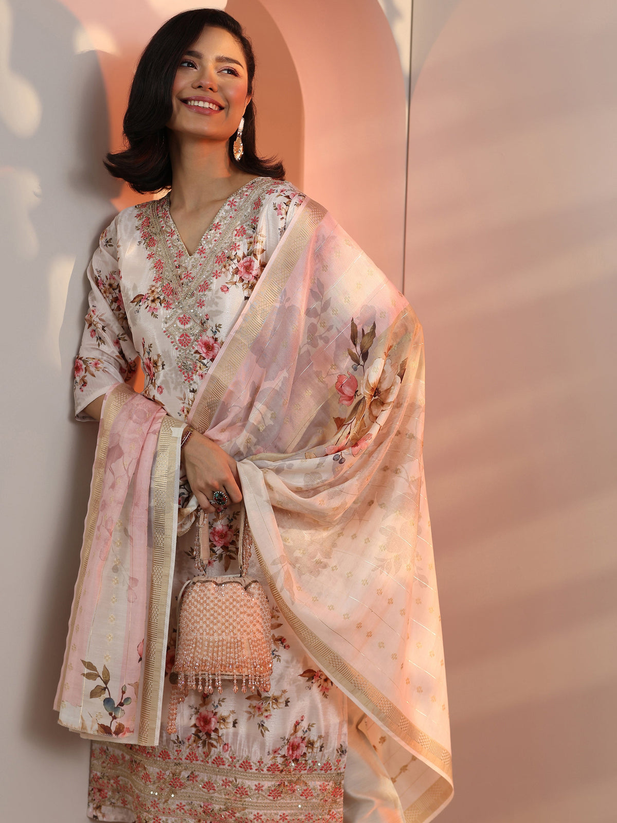 Anouk Off White Embroidered Chinon Straight Suit Set With Dupatta