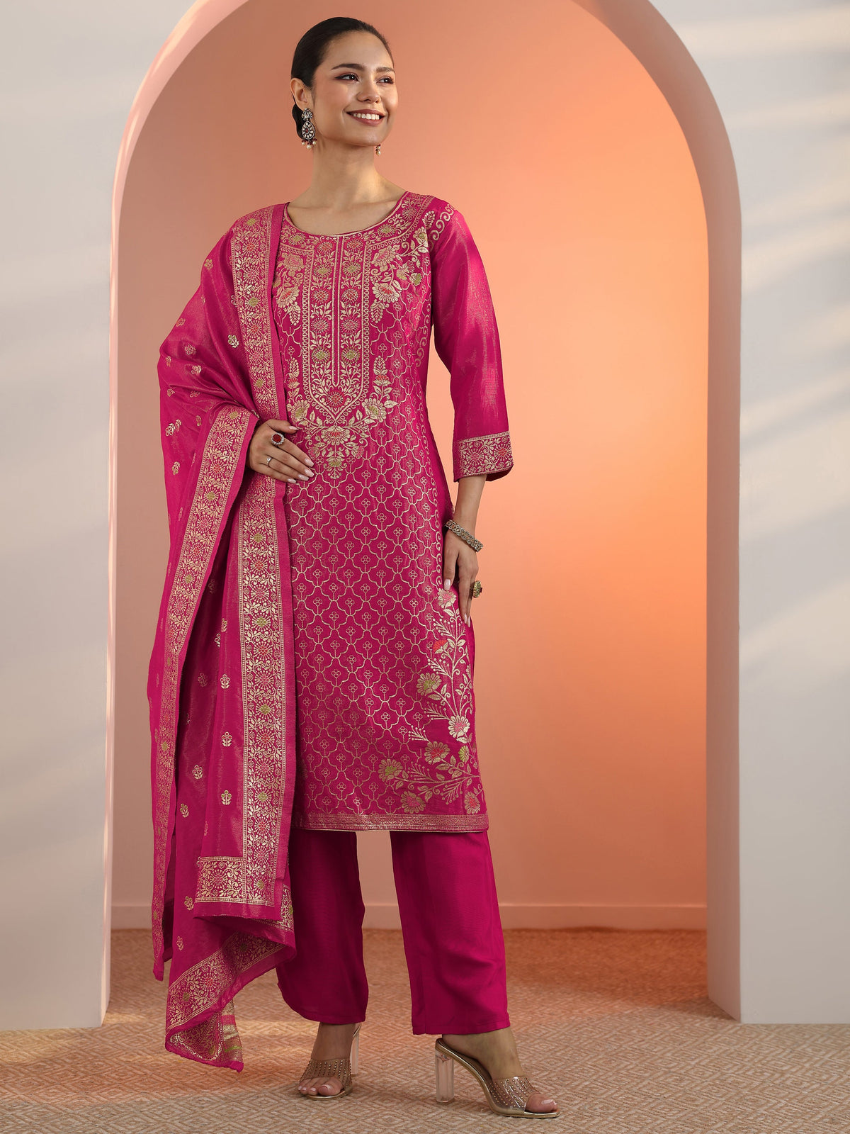 Anouk Pink Embellished Silk Blend Straight Suit Set With Dupatta