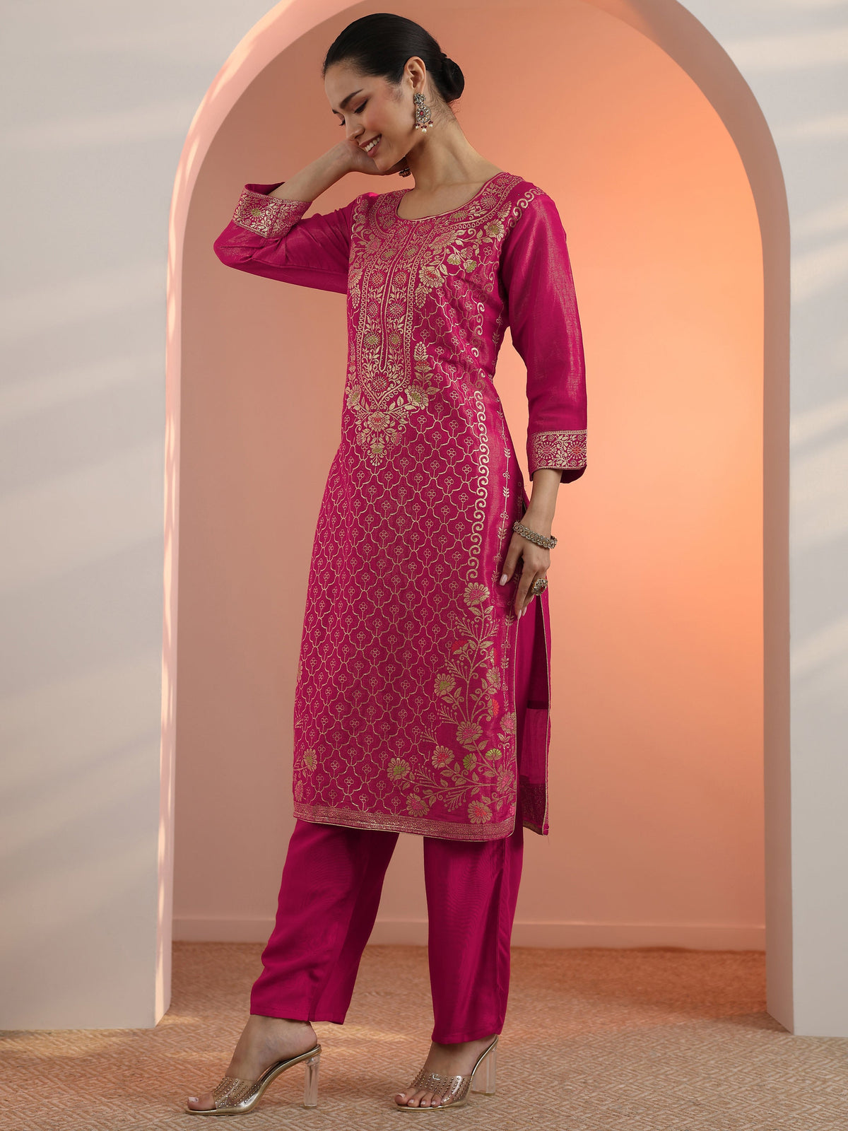 Anouk Pink Embellished Silk Blend Straight Suit Set With Dupatta
