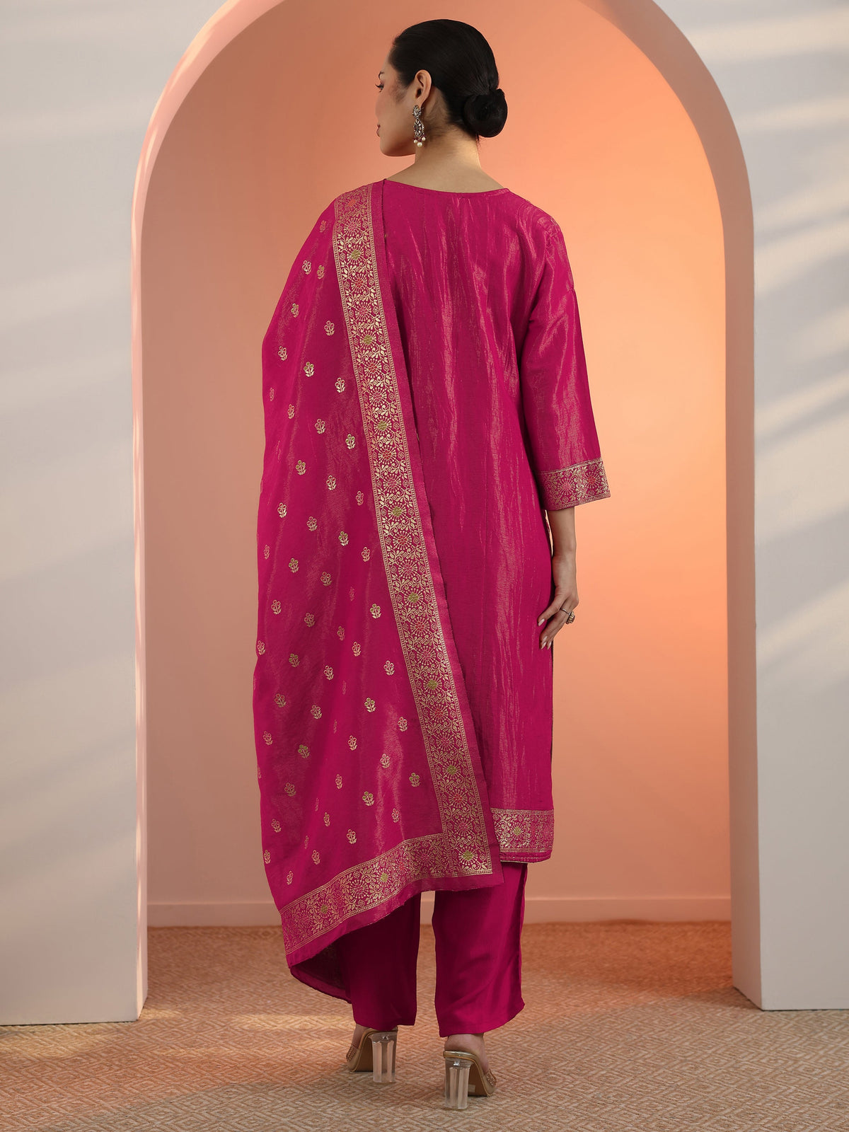 Anouk Pink Embellished Silk Blend Straight Suit Set With Dupatta