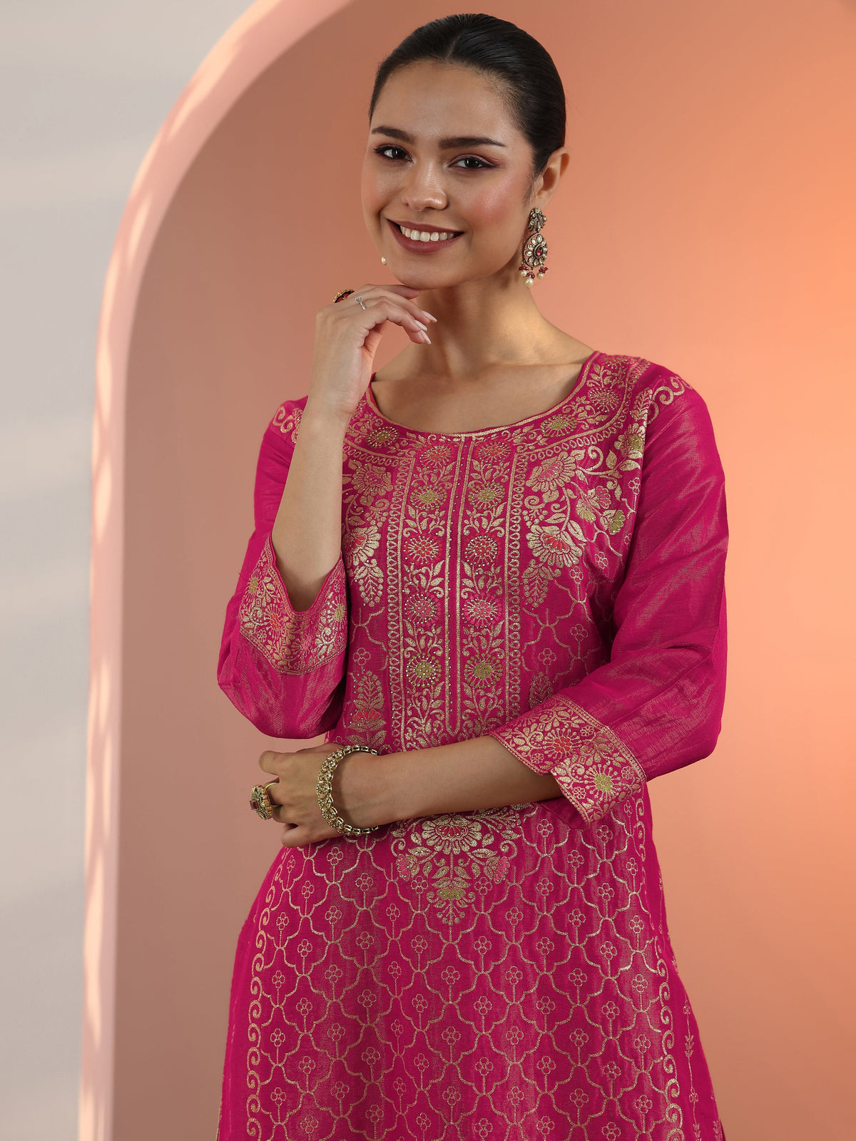 Anouk Pink Embellished Silk Blend Straight Suit Set With Dupatta