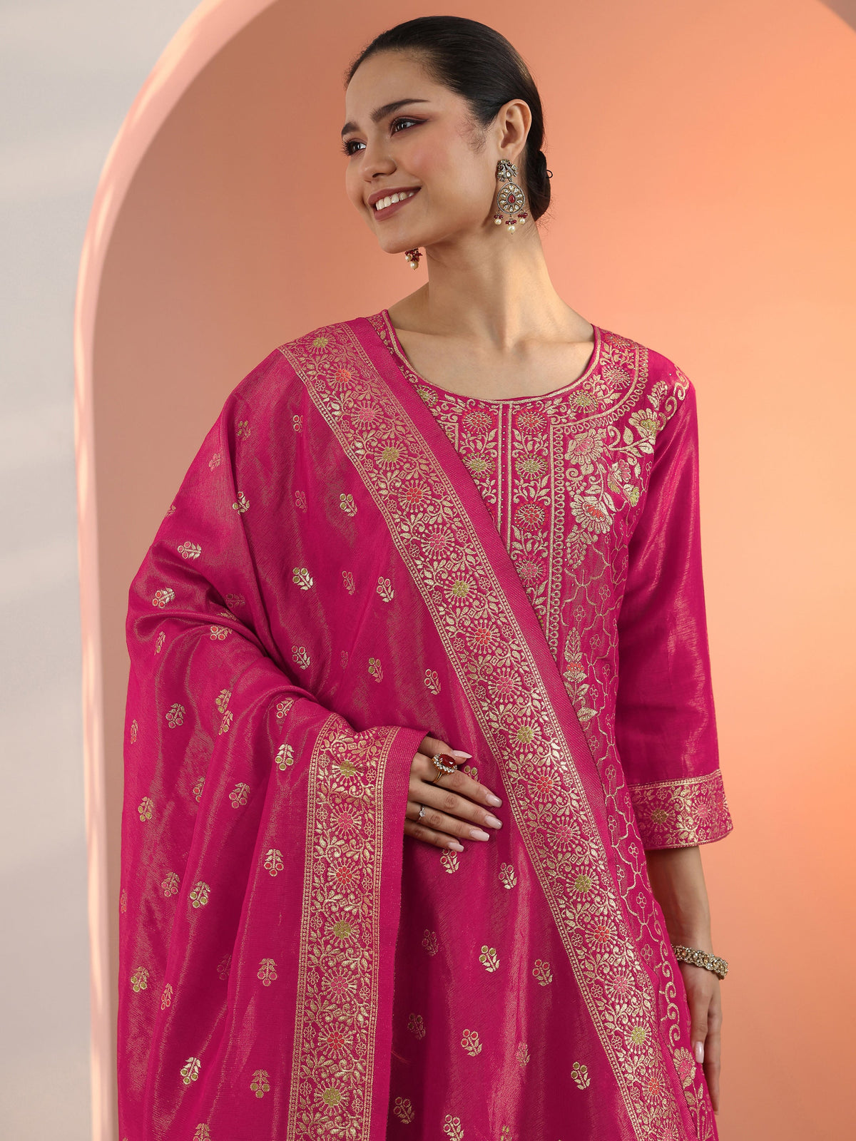 Anouk Pink Embellished Silk Blend Straight Suit Set With Dupatta