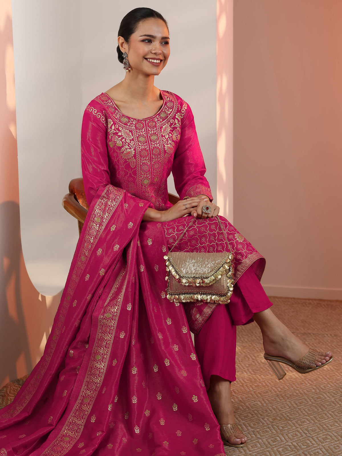 Anouk Pink Embellished Silk Blend Straight Suit Set With Dupatta