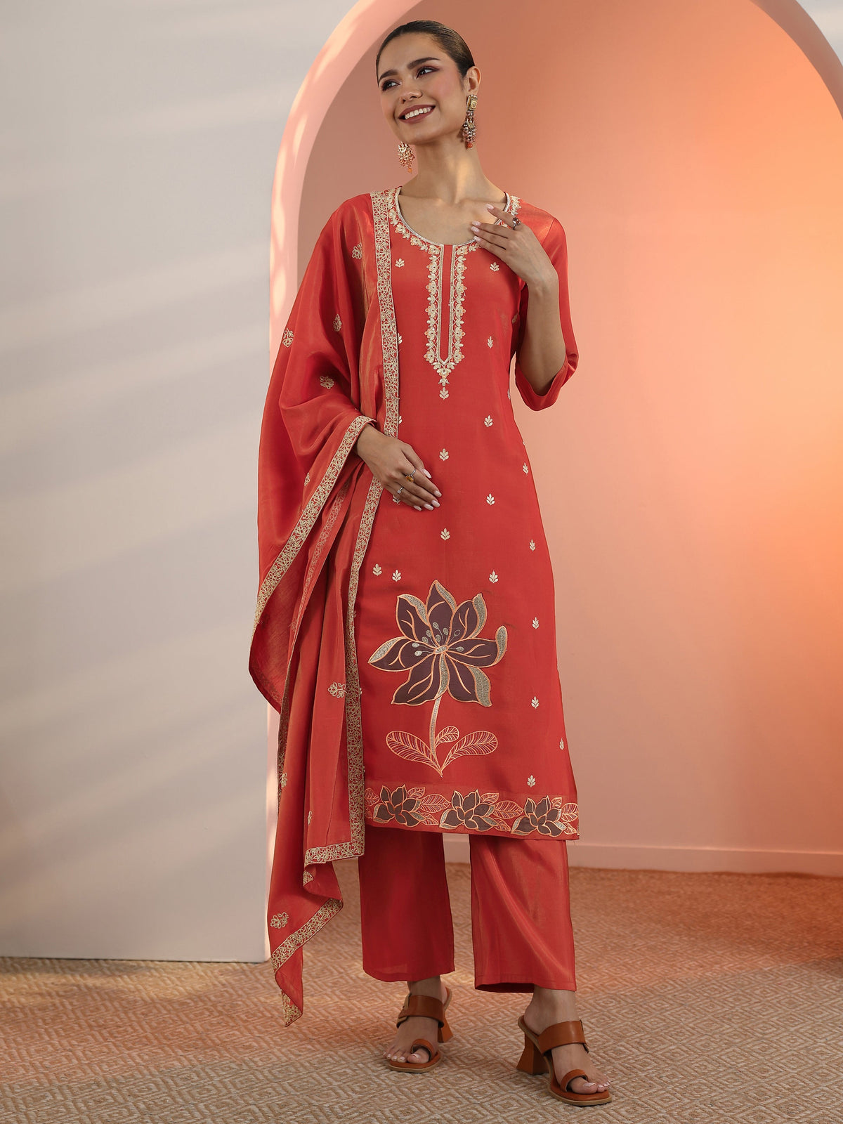 Anouk Rust Embroidered Silk Blend Straight Suit Set With Dupatta