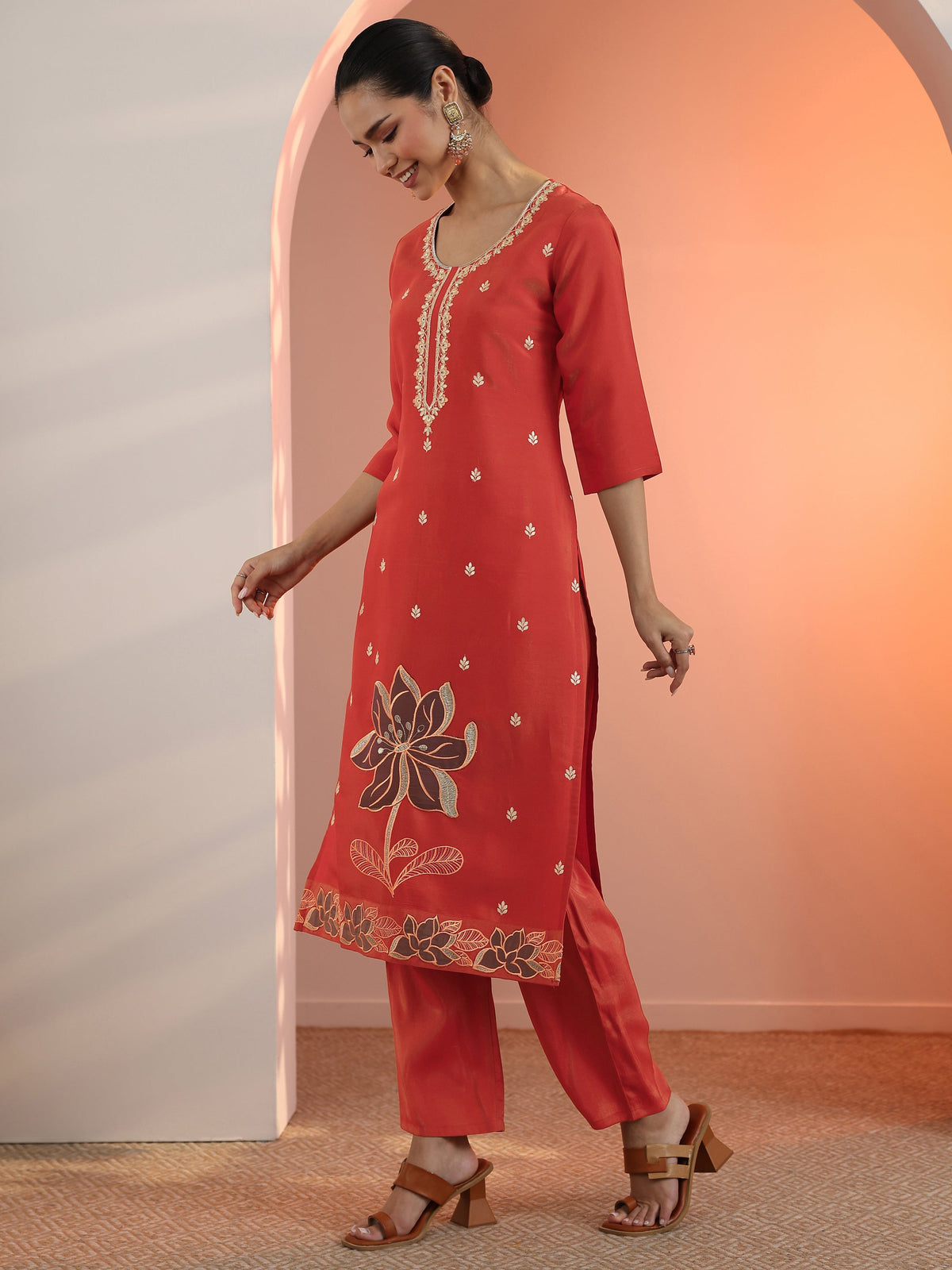 Anouk Rust Embroidered Silk Blend Straight Suit Set With Dupatta